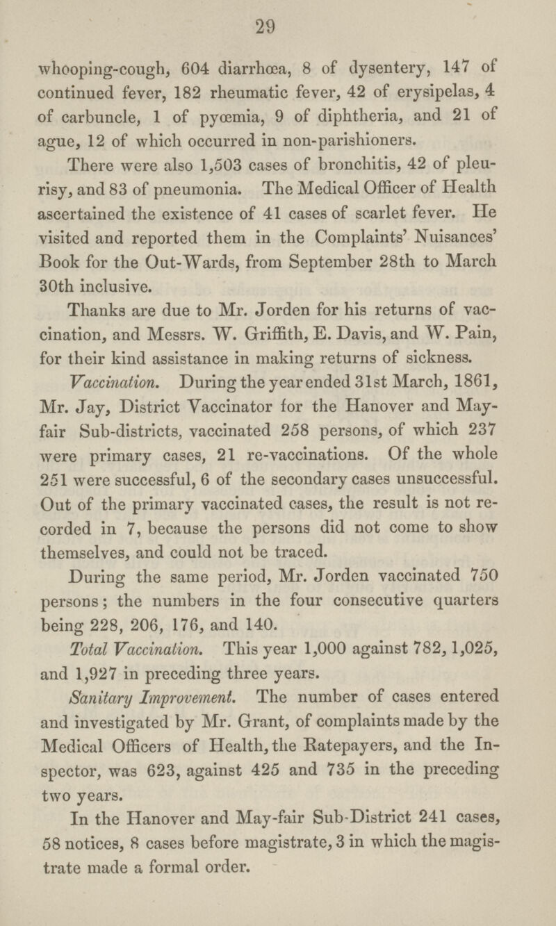 29 whooping-cough, 604 diarrhœa, 8 of dysentery, 147 of continued fever, 182 rheumatic fever, 42 of erysipelas, 4 of carbuncle, 1 of pyœmia, 9 of diphtheria, and 21 of ague, 12 of which occurred in non-parishioners. There were also 1,503 cases of bronchitis, 42 of pleu risy, and 83 of pneumonia. The Medical Officer of Health ascertained the existence of 41 cases of scarlet fever. He visited and reported them in the Complaints' Nuisances' Book for the Out-Wards, from September 28th to March 30th inclusive. Thanks are due to Mr. Jorden for his returns of vac cination, and Messrs. W. Griffith, E. Davis, and W. Pain, for their kind assistance in making returns of sickness. Vaccination. During the year ended 31st March, 1861, Mr. Jay, District Vaccinator for the Hanover and May fair Sub-districts, vaccinated 258 persons, of which 237 were primary cases, 21 re-vaccinations. Of the whole 251 were successful, 6 of the secondary cases unsuccessful. Out of the primary vaccinated cases, the result is not re corded in 7, because the persons did not come to show themselves, and could not be traced. During the same period, Mr. Jorden vaccinated 750 persons; the numbers in the four consecutive quarters being 228, 206, 176, and 140. Total Vaccination. This year 1,000 against 782, 1,025, and 1,927 in preceding three years. Sanitary Improvement. The number of cases entered and investigated by Mr. Grant, of complaints made by the Medical Officers of Health, the Ratepayers, and the In spector, was 623, against 425 and 735 in the preceding two years. In the Hanover and May-fair Sub-District 241 cases, 58 notices, 8 cases before magistrate, 3 in which the magis trate made a formal order.