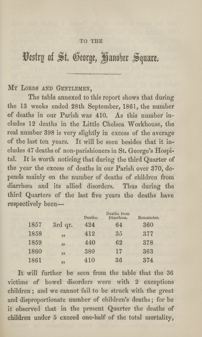 To THE Vestry of St.George Hanover Square Mr Lords and Gentlemen, The table annexed to this report shows that during the 13 weeks ended 28th September, 1861, the number of deaths in our Parish was 410. As this number in cludes 12 deaths in the Little Chelsea Workhouse, the real number 398 is very slightly in excess of the average of the last ten years. It will be seen besides that it in cludes 47 deaths of non-parishioners in St. George's Hospi tal. It is worth noticing that during the third Quarter of the year the excess of deaths in our Parish over 370, de pends mainly on the number of deaths of children from diarrhoea and its allied disorders. Thus during the third Quarters of the last five years the deaths have respectively been— Deaths. Deaths from Diarrhoea. Remainder. 1857 3rd qr. 424 64 360 1858 „ 412 35 377 1859 „ 440 62 378 1860 „ 380 17 363 1861 „ 410 36 374 It will further be seen from the table that the 36 victims of bowel disorders were with 2 exceptions children; and we cannot fail to be struck with the great and disproportionate number of children's deaths; for be it observed that in the present Quarter the deaths of children under 5 exceed one-half of the total mortality,