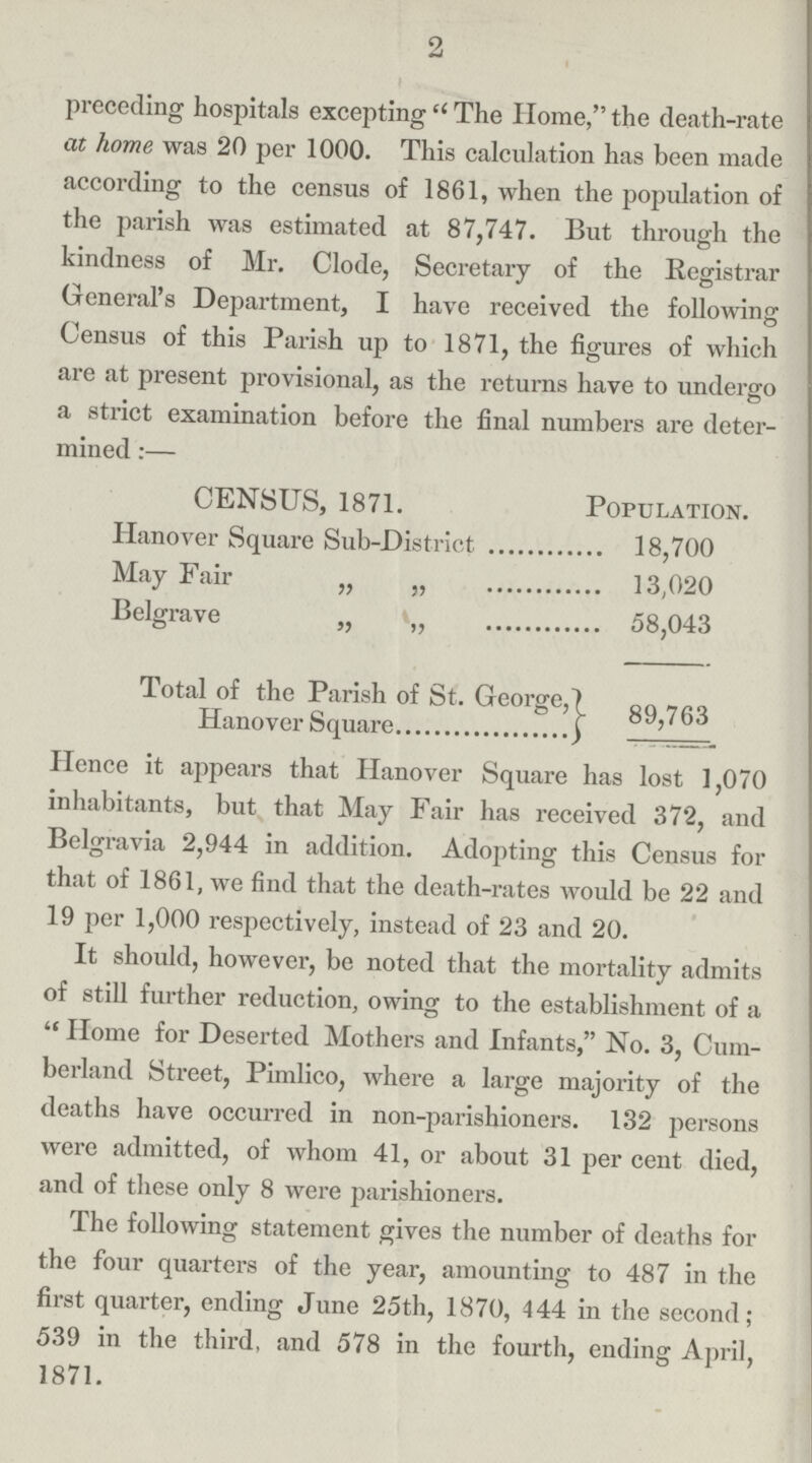 2 preceding hospitals excepting The Home, the death-rate at home was 20 per 1000. This calculation has been made according to the census of 1861, when the population of the parish was estimated at 87,747. But through the kindness of Mr. Clode, Secretary of the Registrar General's Department, I have received the following Census of this Parish up to 1871, the figures of which are at present provisional, as the returns have to undergo a strict examination before the final numbers are deter mined:— CENSUS, 1871. Population. Hanover Square Sub-District 18,700 May Fair „ „ 13,020 Belgrave „ „ 58,043 Total of the Parish of St. George, Hanover Square 89,763 Hence it appears that Hanover Square has lost 1,070 inhabitants, but that May Fair has received 372, and Belgravia 2,944 in addition. Adopting this Census for that of 1861, we find that the death-rates would be 22 and 19 per 1,000 respectively, instead of 23 and 20. It should, however, be noted that the mortality admits of still further reduction, owing to the establishment of a Home for Deserted Mothers and Infants, No. 3, Cum berland Street, Pimlico, where a large majority of the deaths have occurred in non-parishioners. 132 persons were admitted, of whom 41, or about 31 per cent. died, and of these only 8 were parishioners. The following statement gives the number of deaths for the four quarters of the year, amounting to 487 in the first quarter, ending June 25th, 1870, 444 in the second; 539 in the third, and 578 in the fourth, ending April, 1871.