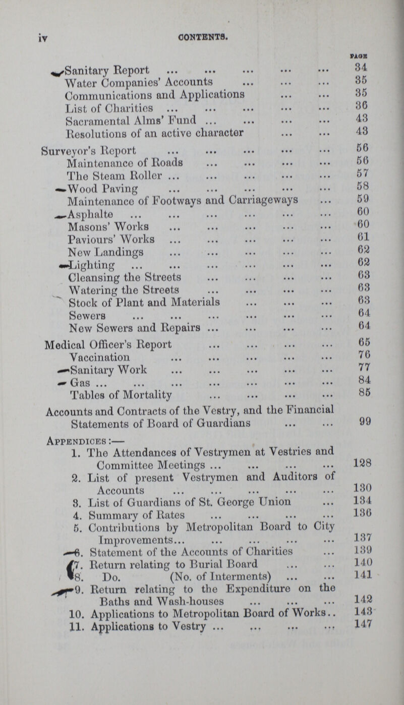 iv CONTENTS. PAGE Sanitary Report 34 Water Companies' Accounts 35 Communications and Applications 35 List of Charities 36 Sacramental Alms' Fund 43 Resolutions of an active character 43 Surveyor's Report 56 Maintenance of Roads 56 The Steam Roller 57 Wood Paving 58 Maintenance of Footways and Carriageways 59 Asphalte 60 Masons' Works 60 Paviours' Works 61 New Landings 62 Lighting 62 Cleansing the Streets 63 Watering the Streets 63 Stock of Plant and Materials 63 Sewers 64 New Sewers and Repairs 64 Medical Officer's Report 65 Vaccination 76 Sanitary Work 77 Gas 84 Tables of Mortality 85 Accounts and Contracts of the Vestry, and the Financial Statements of Board of Guardians 99 Appendices:— 1. The Attendances of Vestrymen at Vestries and Committee Meetings 128 2. List of present Vestrymen and Auditors of Accounts 130 3. List of Guardians of St. George Union 134 4. Summary of Rates 136 5. Contributions by Metropolitan Board to City Improvements 137 6. Statement of the Accounts of Charities 139 7. Return relating to Burial Board 140 8. Do. (No. of Interments) 141 9. Return relating to the Expenditure on the Baths and Wash-houses 142 10. Applications to Metropolitan Board of Works 143 11. Applications to Vestry 147