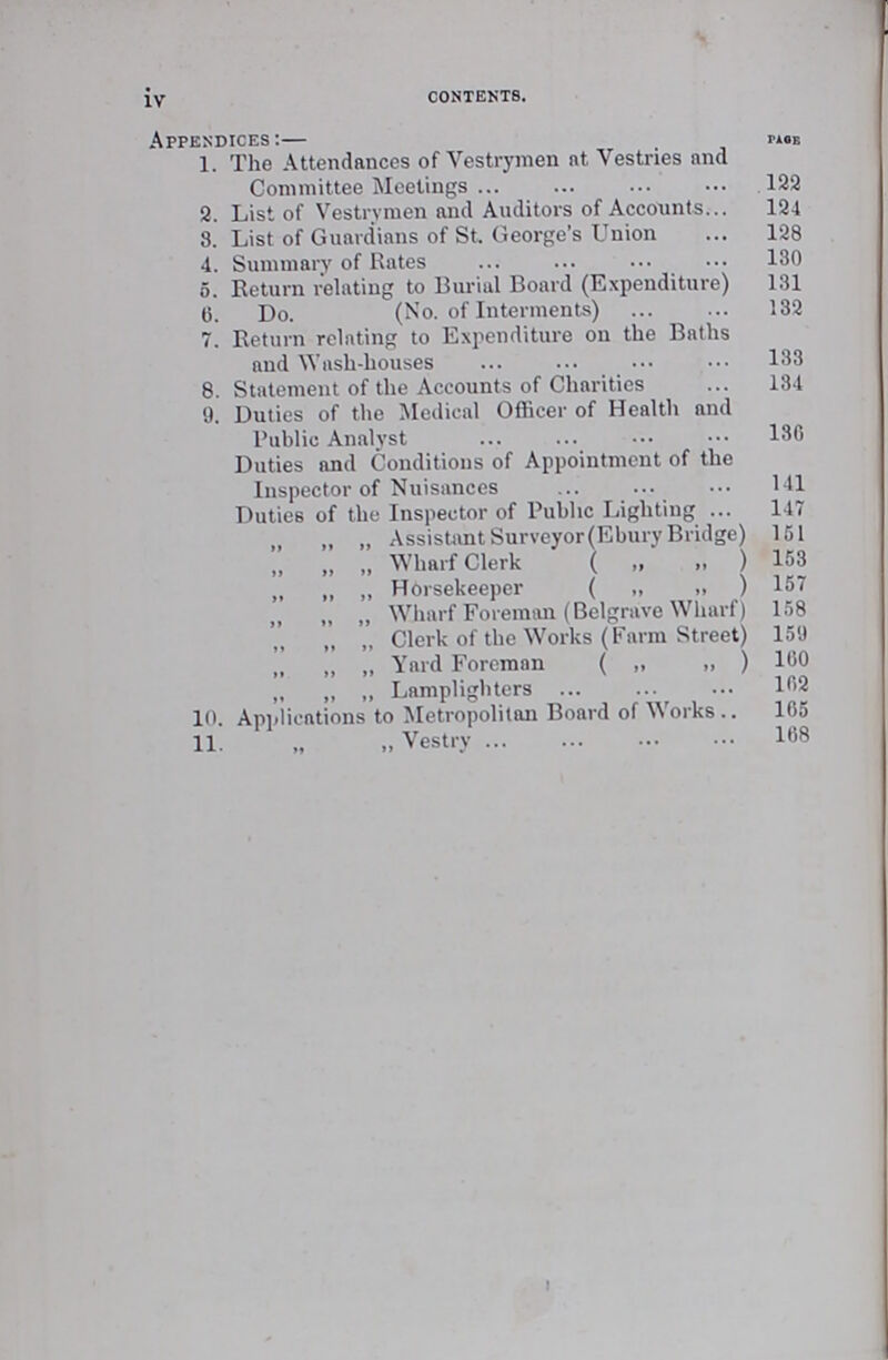 iv contents. Appendices:— page 1. The Attendances of Vestrymen at Vestries and Committee Meetings 122 2. List of Vestrymen and Auditors of Accounts 124 8. List of Guardians of St. George's Union 128 4. Summary of Rates 180 5. Return relating to Burial Board (Expenditure) 131 6. Do. (No. of Interments) 132 7. Return relating to Expenditure on the Baths and Wash-houses 133 8. Statement of the Accounts of Charities 134 9. Duties of the Medical Officer of Health and Public Analyst 13G Duties and Conditions of Appointment of the Inspector of Nuisances 141 Duties of the Inspector of Public Lighting 147 „ „ „ Assistant Surveyor (Ebury Bridge) 151 „ „ „ Wharf Clerk ( „ „ ) 153 „ „ „ Horsekeeper ( „ ,, ) 157 ,, „ „ Wharf Foreman (Belgrave Wharf) 158 „ „ „ Clerk of the Works (Farm Street) 159 „ „ „ Yard Foreman ( „ „ ) 160 „ „ „ Lamplighters 102 10. Applications to Metropolitan Board of Works.. 165 11. „ „ Vestry 168