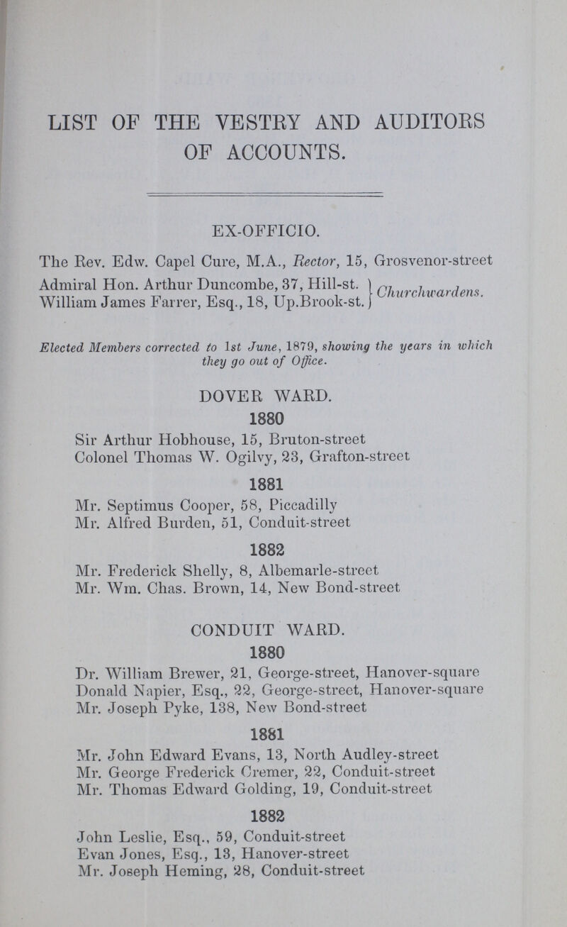 LIST OF THE VESTRY AND AUDITORS OF ACCOUNTS. EX-OFFICIO. The Rev. Edw. Capel Cure, M.A., Rector, 15, Grosvenor-street Admiral Hon. Arthur Duncombe, 37, Hill-st. , William James Fairer, Esq., 18, Up.Brook-st. (Churchwarden,. Elected Members corrected to 1st June, 1879, showing the years in which they go out of Office. DOVER WARD. 1880 Sir Arthur Hobhouse, 15, Bruton-street Colonel Thomas W. Ogilvy, 23, Grafton-street 1881 Mr. Septimus Cooper, 58, Piccadilly Mr. Alfred Burden, 51, Conduit-street 1882 Mr. Frederick Shelly, 8, Albemarle-street Mr. Wm. Chas. Brown, 14, New Bond-street, CONDUIT WARD. 1880 Dr. William Brewer, 21, George-street, Hanover-square Donald Napier, Esq., 22, George-street, Hanover-square Mr. Joseph Pyke, 138, New Bond-street 1881 Mr. John Edward Evans, 13, North Audley-street Mr. George Frederick Cremer, 22, Conduit-street Mr. Thomas Edward Golding, 19, Conduit-street 1882 John Leslie, Esq., 59, Conduit-street Evan Jones, Esq., 13, Hanover-street Mr. Joseph Heming, 28, Conduit-street