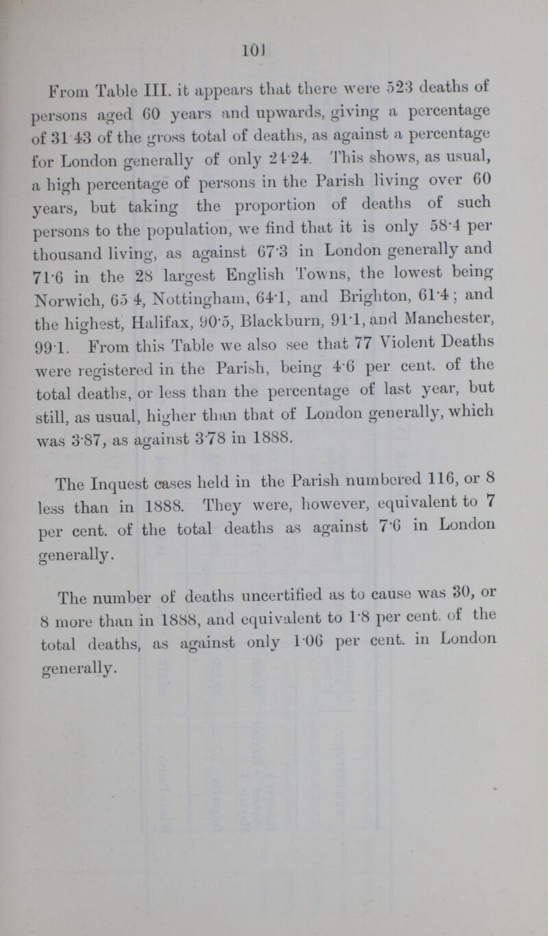 101 From Table III. it appears that there were 523 deaths of persons aged 60 years and upwards, giving a percentage of 31 43 of the gross total of deaths, as against a percentage for London generally of only 21.24. This shows, as usual, a high percentage of persons in the Parish living over 60 years, but taking the proportion of deaths of such persons to the population, we find that it is only 58.4 per thousand living, as against 67.3 in London generally and 71.6 in the 28 largest English Towns, the lowest being Norwich, 65 4, Nottingham, 64.1, and Brighton, 61.4; and the highest, Halifax, 90.5, Blackburn, 91.1, and Manchester, 991. From this Table we also see that 77 Violent Deaths were registered in the Parish, being 4.6 per cent. of the total deaths, or less than the percentage of last year, but still, as usual, higher than that of London generally, which was 3.87, as against 3.78 in 1888. The Inquest cases held in the Parish numbered 116, or 8 less than in 1888. They were, however, equivalent to 7 per cent. of the total deaths as against 7.6 in London generally. The number of deaths uncertified as to cause was 30, or 8 more than in 1888, and equivalent to 1.8 per cent. of the total deaths, as against only 106 per cent. in London generally.