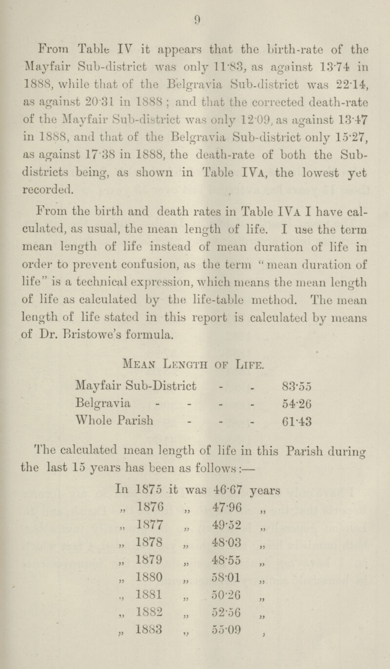9 From Table IV it appears that the birth-rate of the Mayfair Sub-district was only 11.83, as against 1374 in 1888, while that of the Belgravia Sub-district was 22.14, as against 20 31 in 1888; and that the corrected death-rate of the Mayfair Sub-district was only 12.09, as against 1347 in 1888, and that of the Belgravia Sub-district only 15.27, as against 17.38 in 1888, the death-rate of both the Sub districts being, as shown in Table IVa, the lowest yet recorded. From the birth and death rates in Table IVa I have cal culated, as usual, the mean length of life. I use the term mean length of life instead of mean duration of life in order to prevent confusion, as the term mean duration of life is a technical expression, which means the mean length of life as calculated by the life-table method. The mean length of life stated in this report is calculated by means of Dr. Bristowe's formula. Mean Length of Life. Mayfair Sub-District 83.55 Belgravia 54.26 Whole Parish 61.43 The calculated mean length of life in this Parish during the last 15 years has been as follows:— In 1875 it was 46.67 years „ 1876 „ 47.96 „ „ 1877 „ 49.52 „ „ 1878 „ 48.03 „ „ 1879 „ 48.55 „ „ 1880 „ 58.01 „ „ 1881 „ 50.26 „ „ 1882 „ 52.56 „ „ 1883 „ 55.09 „