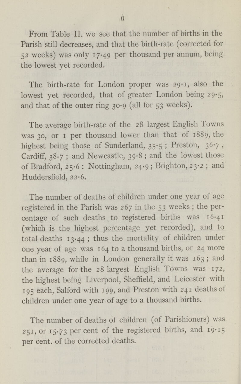 6 From Table II. we see that the number of births in the Parish still decreases, and that the birth-rate (corrected for 52 weeks) was only 17.49 per thousand per annum, being the lowest yet recorded. The birth-rate for London proper was 29.1, also the lowest yet recorded, that of greater London being 29.5, and that of the outer ring 30.9 (all for 53 weeks). The average birth-rate of the 28 largest English Towns was 30, or 1 per thousand lower than that of 1889, the highest being those of Sunderland, 35.5; Preston, 36.7 , Cardiff, 38.7; and Newcastle, 39.8; and the lowest those of Bradford, 25.6 : Nottingham, 24.9; Brighton, 23.2 ; and Huddersfield, 22.6. The number of deaths of children under one year of age registered in the Parish was 267 in the 53 weeks ; the per centage of such deaths to registered births was 16.41 (which is the highest percentage yet recorded), and to total deaths 13.44; thus the mortality of children under one year of age was 164 to a thousand births, or 24 more than in 1889, while in London generally it was 163; and the average for the 28 largest English Towns was 172, the highest being Liverpool, Sheffield, and Leicester with 195 each, Salford with 199, and Preston with 241 deaths of children under one year of age to a thousand births. The number of deaths of children (of Parishioners) was 251, or 15.73 percent of the registered births, and 19.15 per cent, of the corrected deaths.