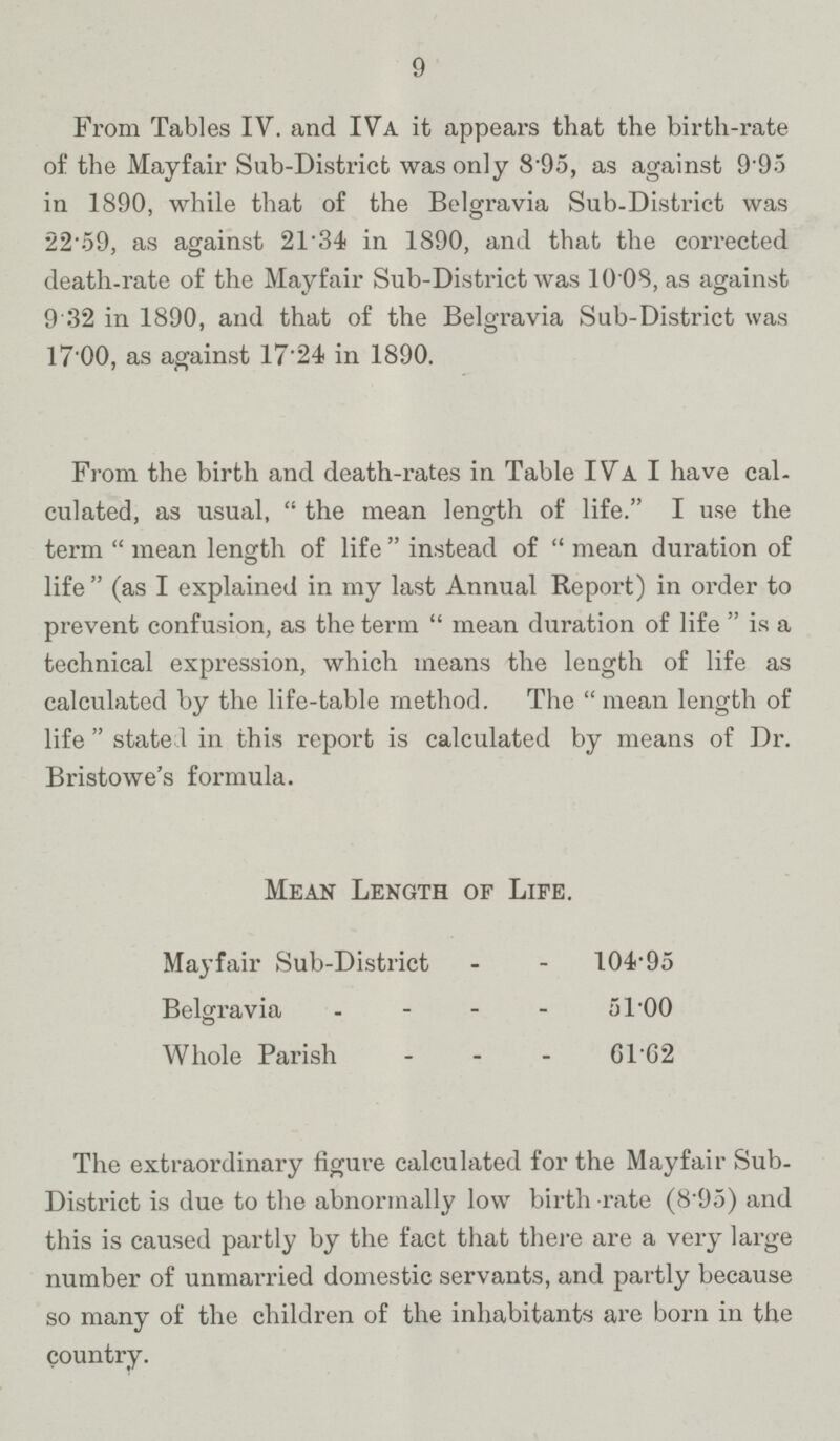 9 From Tables IV. and IVa it appears that the birth-rate of the Mayfair Sub-District was only 8.95, as against 995 in 1890, while that of the Belgravia Sub-District was 22.59, as against 21.34 in 1890, and that the corrected death-rate of the Mayfair Sub-District was 10.08, as against 9.32 in 1890, and that of the Belgravia Sub-District was 17.00, as against 17.24 in 1890. From the birth and death-rates in Table IVa I have cal culated, as usual, the mean length of life. I use the term mean length of life instead of mean duration of life (as I explained in my last Annual Report) in order to prevent confusion, as the term mean duration of life is a technical expression, which means the length of life as calculated by the life-table method. The mean length of life state 1 in this report is calculated by means of Dr. Bristowe's formula. Mean Length of Life. Mayfair Sub-District 104.95 Belgravia 51.00 Whole Parish 61.62 The extraordinary figure calculated for the Mayfair Sub District is due to the abnormally low birth rate (8.95) and this is caused partly by the fact that there are a very large number of unmarried domestic servants, and partly because so many of the children of the inhabitants are born in the country.