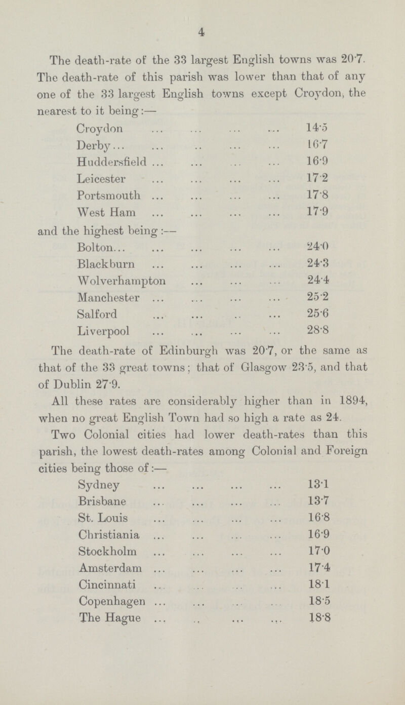 4 The death-rate of the 33 largest English towns was 207. The death-rate of this parish was lower than that of any one of the 33 largest English towns except Croydon, the nearest to it being Croydon 14.5 Derby 6.7 Huddersfield 16.9 Leicester 17.2 Portsmouth 17.8 West Ham 17.9 and the highest being:— Bolton 24.0 Blackburn 24.3 Wolverhampton 244 Manchester 25.2 Salford 25.6 Liverpool. 28.8 The death-rate of Edinburgh was 20.7, or the same as that of the 33 great towns; that of Glasgow 23.5, and that of Dublin 27.9. All these rates are considerably higher than in 1894, when no great English Town had so high a rate as 24. Two Colonial cities had lower death-rates than this parish, the lowest death-rates among Colonial and Foreign cities being those of:— Sydney 13.1 Brisbane 13.7 St. Louis 16.8 Christiania 16.9 Stockholm l7.0 Amsterdam 17.4 Cincinnati 18.1 Copenhagen 18.5 The Hague 18.8