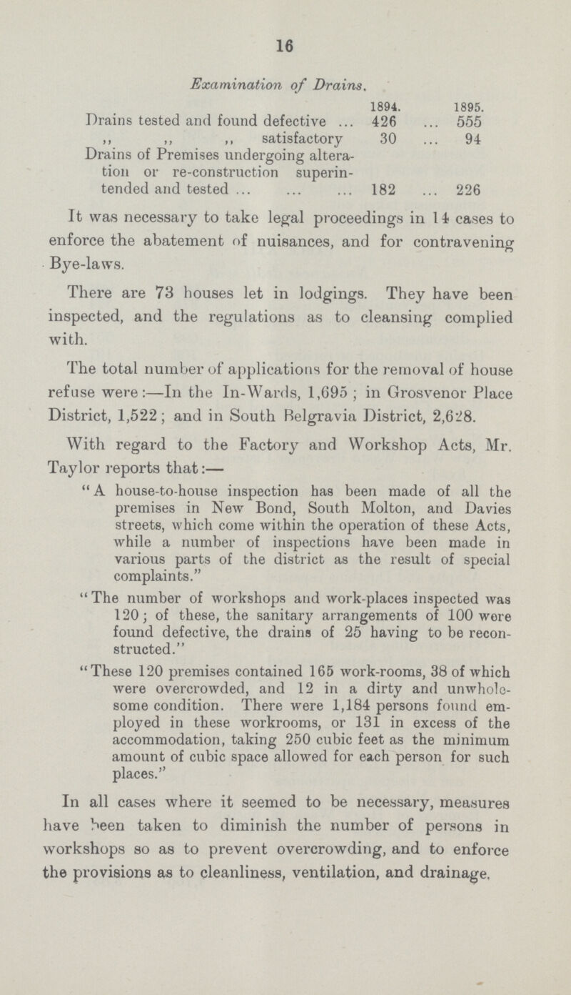 16 Examination of Drains, 1894. 1895. Drains tested and found defective 426 555 ,, ,, ,, satisfactory 30 94 Drains of Premises undergoing altera tion or re-construction superin tended and tested 182 226 It was necessary to take legal proceedings in 14 cases to enforce the abatement of nuisances, and for contravening Bye-laws. There are 73 houses let in lodgings. They have been inspected, and the regulations as to cleansing complied with. The total number of applications for the removal of house refuse were:—In the In-Wards, 1,695; in Grosvenor Place District, 1,522; and in South Belgravia District, 2,628. With regard to the Factory and Workshop Acts, Mr. Taylor reports that:— A house-to-house inspection has been made of all the premises in New Bond, South Molton, and Davies streets, which come within the operation of these Acts, while a number of inspections have been made in various parts of the district as the result of special complaints. The number of workshops and work-places inspected was 120; of these, the sanitary arrangements of 100 were found defective, the drains of 25 having to be recon structed. These 120 premises contained 165 work-rooms, 38 of which were overcrowded, and 12 in a dirty and unwhole some condition. There were 1,184 persons found em ployed in these workrooms, or 131 in excess of the accommodation, taking 250 cubic feet as the minimum amount of cubic space allowed for each person for such places. In all cases where it seemed to be necessary, measures have been taken to diminish the number of persons in workshops so as to prevent overcrowding, and to enforce the provisions as to cleanliness, ventilation, and drainage.