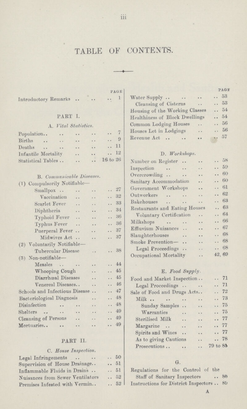 iii TABLE OF CONTENTS. PAGE Introductory Remarks 1 PART I. A. Vital Statistics. Population 7 Births 9 Deaths 11 Infantile Mortality 12 Statistical Tables 16 to 26 B. Communicable Diseases. (1) Compulsorily Notifiable— Smallpox 27 Vaccination. 32 Scarlet Fever 33 Diphtheria 34 Typhoid Fever 36 Typhus Fever 36 Puerperal Fever 37 Midwives Act 37 (2) Voluntarily Notifiable— Tubercular Disease 38 (3) Non-notifiable— Measles 44 Whooping Cough 45 Diarrhoeal Diseases 45 Venereal Diseases 46 Schools and Infectious Disease 47 Bacteriological Diagnosis 48 Disinfection 48 Shelters 49 Cleansing of Persons 49 Mortuaries 49 PART II. C. House Inspection. Legal Infringements 50 Supervision of House Drainage 51 Inflammable Fluids in Drains 51 Nuisances from Sewer Ventilators 52 Premises Infested with Vermin 52 PAG] Water Supply 53 Cleansing of Cisterns 53 Housing of the Working Classes 54 Healthiness of Block Dwellings 54 Common Lodging Houses 56 Houses Let in Lodgings 56 Re venue Act 57 D. Workshops. Number on Register 58 Inspection 59 Overcrowding 60 Sanitary Accommodation 60 Government Workshops 61 Outworkers 62 Bakehouses 63 Restaurants and Eating Houses 63 Voluntary Certification 64 Milkshops 66 Effluvium Nuisances 67 Slaughterhouses 68 Smoke Prevention— 68 Legal Proceedings 68 Occupational Mortality 42, 69 E. Food Supply. Food and Market Inspection 71 Legal Proceedings 71 Sale of Food and Drugs Acts 72 Milk 73 Sunday Samples 75 Warranties 75 Sterilised Milk 77 Margarine 77 Spirits and Wines 77 As to giving Cautions 78 Prosecutions 79 to 8b G. Regulations for the Control of the Staff of Sanitary Inspectors 86 Instructions for District Inspectors 89 A