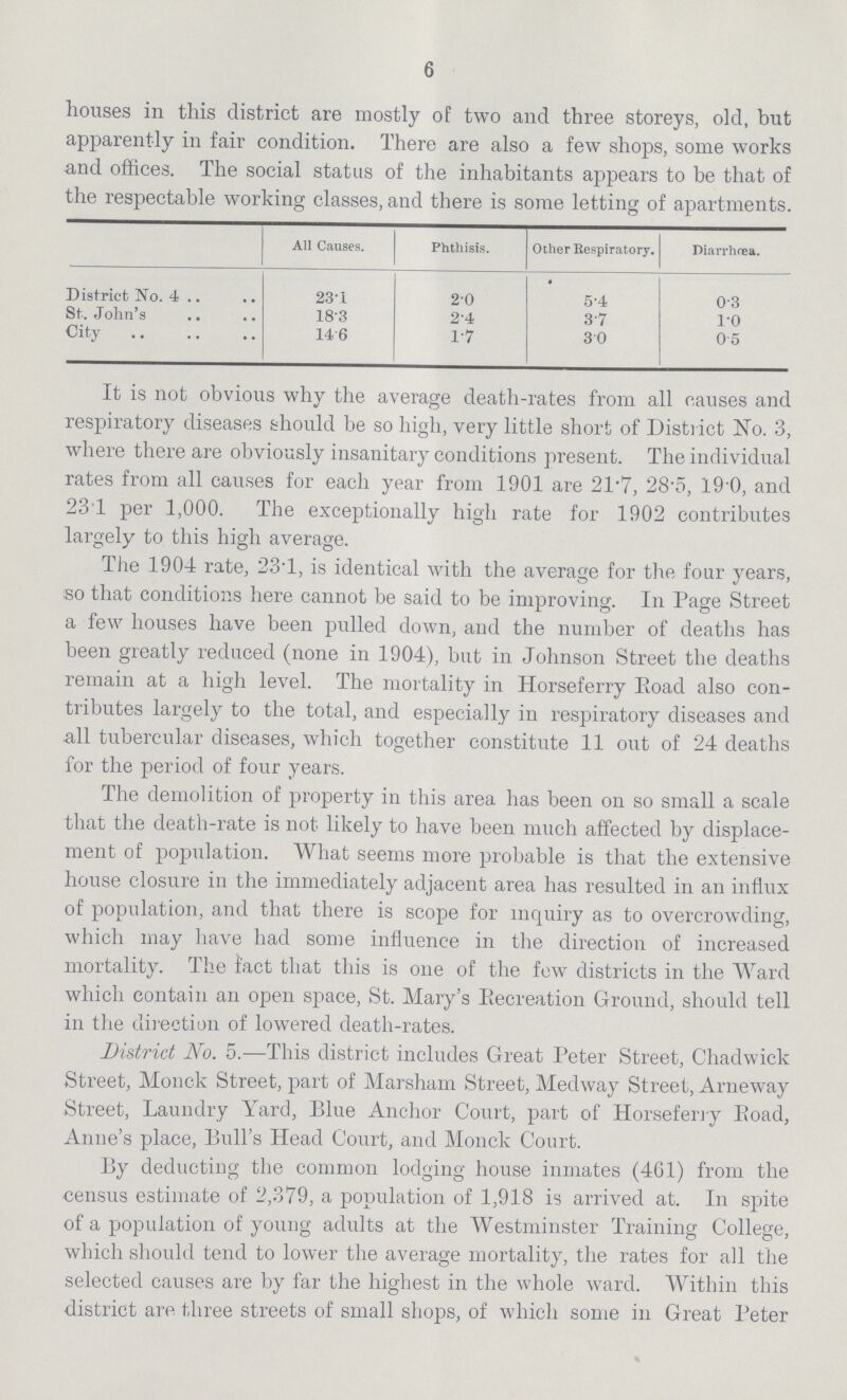 6 houses in this district are mostly of two and three storeys, old, hut apparently in fair condition. There are also a few shops, some works and offices. The social status of the inhabitants appears to be that of the respectable working classes, and there is some letting of apartments. All Causes. Phthisis. Other Respiratory. Diarrhœa. District No. 4 23.1 2.0 5.4 0.3 St. John's 18.3 2.4 3.7 l.0 City 14.6 1.7 3.0 0.5 It is not obvious why the average death-rates from all causes and respiratory diseases should be so high, very little short of District No. 3, where there are obviously insanitary conditions present. The individual rates from all causes for each year from 1901 are 21.7, 28.5, 19.0, and 231 per 1,000. The exceptionally high rate for 1902 contributes largely to this high average. The 1904 rate, 23.1, is identical with the average for the four years, so that conditions here cannot be said to be improving. In Page Street a few houses have been pulled down, and the number of deaths has been greatly reduced (none in 1904), but in Johnson Street the deaths remain at a high level. The mortality in Horseferry Road also con tributes largely to the total, and especially in respiratory diseases and all tubercular diseases, which together constitute 11 out of 24 deaths for the period of four years. The demolition of property in this area has been on so small a scale that the death-rate is not likely to have been much affected by displace ment of population. What seems more probable is that the extensive house closure in the immediately adjacent area has resulted in an influx of population, and that there is scope for inquiry as to overcrowding, which may have had some influence in the direction of increased mortality. The fact that this is one of the few districts in the Ward which contain an open space, St. Mary's Becreation Ground, should tell in the direction of lowered death-rates. District No. 5.—This district includes Great Peter Street, Chadwick Street, Monck Street, part of Marsham Street, Medway Street, Arneway Street, Laundry Yard, Blue Anchor Court, part of Horseferry Road, Anne's place, Bull's Head Court, and Monck Court. By deducting the common lodging house inmates (461) from the census estimate of 2,379, a population of 1,918 is arrived at. In spite of a population of young adults at the Westminster Training College, which should tend to lower the average mortality, the rates for all the selected causes are by far the highest in the whole ward. Within this district are three streets of small shops, of which some in Great Peter