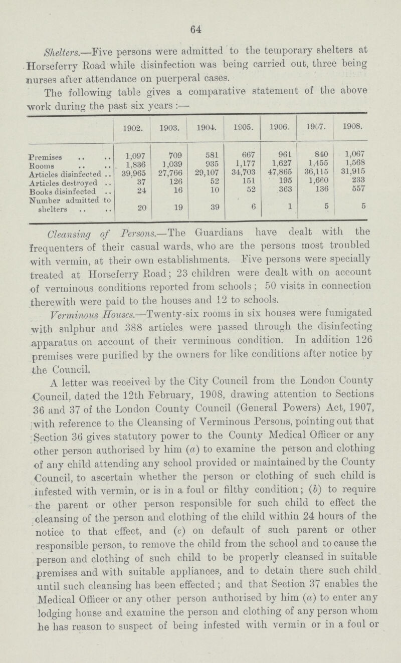64 Shelters.—Five persons were admitted to the temporary shelters at Horseferry Road while disinfection was being carried out, three being nurses after attendance on puerperal cases. The following table gives a comparative statement of the above work during the past six years:— 1902. 1903. 1904. 1S05. 1906. 1907. 1908. Premises 1,097 709 581 667 96 L 840 1,067 Rooms 1,836 1 ,039 935 1,177 1,627 1,455 1,568 Articles disinfected 39,965 27,766 29,107 34,703 47,865 36,115 31,915 Articles destroyed 37 126 52 151 195 1,660 233 Books disinfected 24 16 10 52 363 136 557 Number admitted to shelters 20 19 39 6 1 5 5 Cleansing of Persons-The Guardians have dealt with the frequenters of their casual wards, who are the persons most troubled with vermin, at their own establishments. Five persons were specially treated at Horseferry Road; 23 children were dealt with on account of verminous conditions reported from schools; 50 visits in connection therewith were paid to the houses and 12 to schools. Verminous Houses—Twenty-six rooms in six houses were fumigated with sulphur and 388 articles were passed through the disinfecting apparatus on account of their verminous condition. In addition 126 premises were purified by the owners for like conditions after notice by the Council. A letter was received by the City Council from the London County Council, dated the 12th February, 1908, drawing attention to Sections 36 and 37 of the London County Council (General Powers) Act, 1907, with reference to the Cleansing of Verminous Persons, pointing out that Section 36 gives statutory power to the County Medical Officer or any other person authorised by him (a) to examine the person and clothing of any child attending any school provided or maintained by the County Council, to ascertain whether the person or clothing of such child is infested with vermin, or is in a foul or filthy condition; (b) to require the parent or other person responsible for such child to effect the cleansing of the person and clothing of the child within 24 hours of the notice to that effect, and (c) on default of such parent or other responsible person, to remove the child from the school and to cause the person and clothing of such child to be properly cleansed in suitable premises and with suitable appliances, and to detain there such child until such cleansing has been effected; and that Section 37 enables the Medical Officer or any other person authorised by him (a) to enter any lodging house and examine the person and clothing of any person whom lie has reason to suspect of being infested with vermin or in a foul or