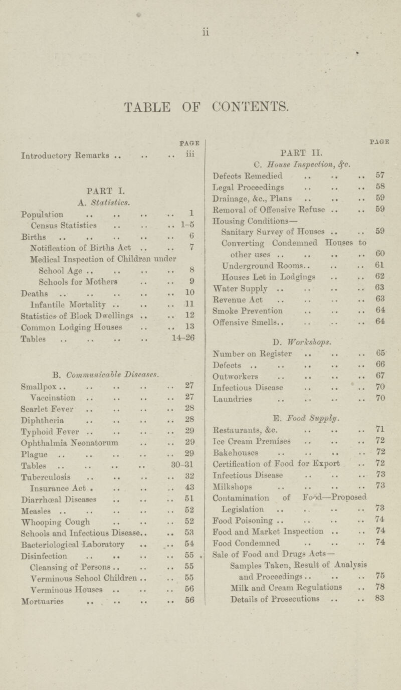 ii TABLE OF CONTENTS. page Introductory Remarks iii PART I. A. Statistics. Population 1 Census Statistics 1-5 Births 6 Notification or Births Act 7 Medical Inspection of Children under School Age 8 Schools for Mothers 9 Deaths 10 Infantile Mortality 11 Statistics of Block Dwellings 12 Common Lodging Houses 13 Tables 14-26 B. Communicable Diseases. Smallpox 27 Vaccination 27 Scarlet Fever 28 Diphtheria 28 Typhoid Fever 29 Ophthalmia Neonatorum 29 Plague 29 Tables 30-31 Tuberculosis 32 Insurance Act 43 Diarrhœal Diseases 51 Measles 52 Whooping Cough 52 Schools and Infectious Disease 53 Bacteriological Laboratory 54 Disinfection 55 Cleansing of Persons 55 Verminous School Children 55 Verminous Houses 56 Mortuaries 56 page PART II. C. House Inspection, &c. Defects Remedied 57 Legal Proceedings 58 Drainage, &c., Plans 59 Removal of Offensive Refuse 59 Housing Conditions— Sanitary Survey of Houses 59 Converting Condemned Houses to other uses 60 Underground Rooms 61 Houses Let in Lodgings 62 Water Supply 63 Revenue Act 63 Smoke Prevention 64 Offensive Smells 64 D. Workshops. Number on Register 65 Defects 66 Outworkers 67 Infectious Disease 70 Laundries 70 E. Food Supply. Restaurants, &c. 71 Ice Cream Premises 72 Bakehouses 72 Certification of Food for Export 72 Infectious Disease 73 Milkshops 73 Contamination of Food—Proposed Legislation 73 Food Poisoning 74 Food and Market Inspection 74 Food Condemned 74 Sale of Food and Drugs Acts— Samples Taken, Result of Analysis and Proceedings 75 Milk and Cream Regulations 78 Details of Prosecutions 83