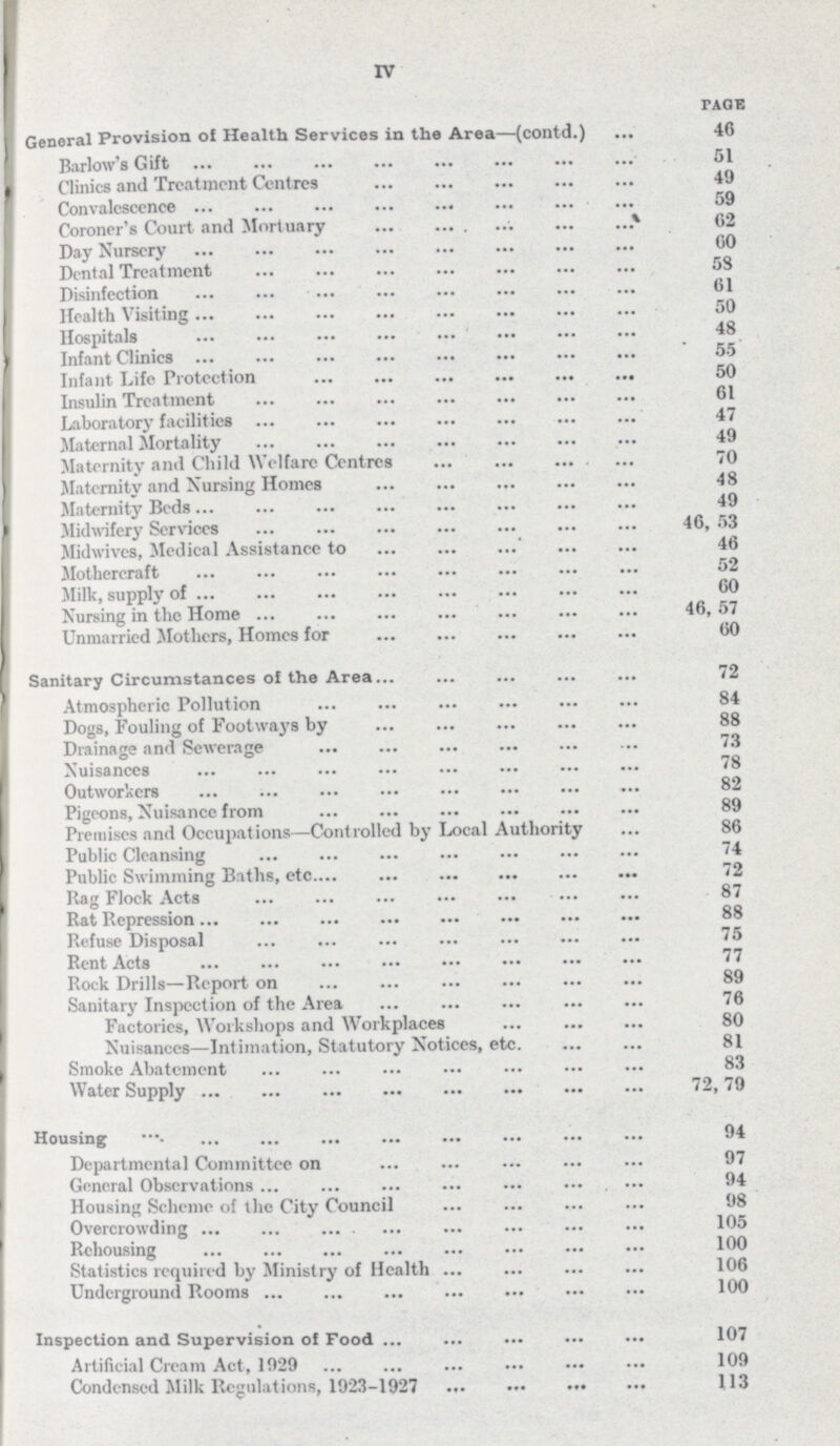 IV Page General Provision oi Health Services in the Area—(contd.) 40 Barlow's Gift 51 Clinics and Treatment Centres 49 Convalescence 59 Coroner's Court and Mortuary 02 Day Nursery 00 Dental Treatment 58 Disinfection 61 Health Visiting 50 Hospitals 48 Infant Clinics 55 Infant Life Protection 50 Insulin Treatment 61 Laboratory facilities 47 Maternal Mortality 49 Maternity and Child Welfare Centres 70 Maternity and Nursing Homes 48 Maternity Beds 49 Midwifery Services 40, 53 Midwivcs, Medical Assistance to 46 Mothercraft 52 Milk, supply of 60 Nursing in the Home 40, 57 Unmarried Mothers, Homes for 60 Sanitary Circumstances of the Area 72 Atmospheric Pollution 84 Dogs, Fouling of Footways by 88 Drainage and Sewerage 73 Xuisanccs 78 Outworkers 82 Pigeons, Nuisance from 89 Premises and Occupations—Controlled by Local Authority 80 Public Cleansing 74 Public Swimming Baths, etc. 72 Rag Flock Acts 87 Rat Repression 88 Refuse Disposal 75 Rent Acts 77 Rock Drills—Report on 89 Sanitary Inspection of the Area 70 Factories, Workshops and Workplaces 80 Nuisances—Intimation, Statutory Notices, etc. 81 Smoke Abatement 83 Water Supply 72, 79 Housing 94 Departmental Committee on 97 General Observations 94 Housing Scheme of the City Council 98 Overcrowding 105 Rehousing 100 Statistics required by Ministry of Health 100 Underground Rooms 100 Inspection and Supervision oi Food 107 Artificial Cream Act, 1929 109 Condensed Milk Regulations, 1923-1927 113