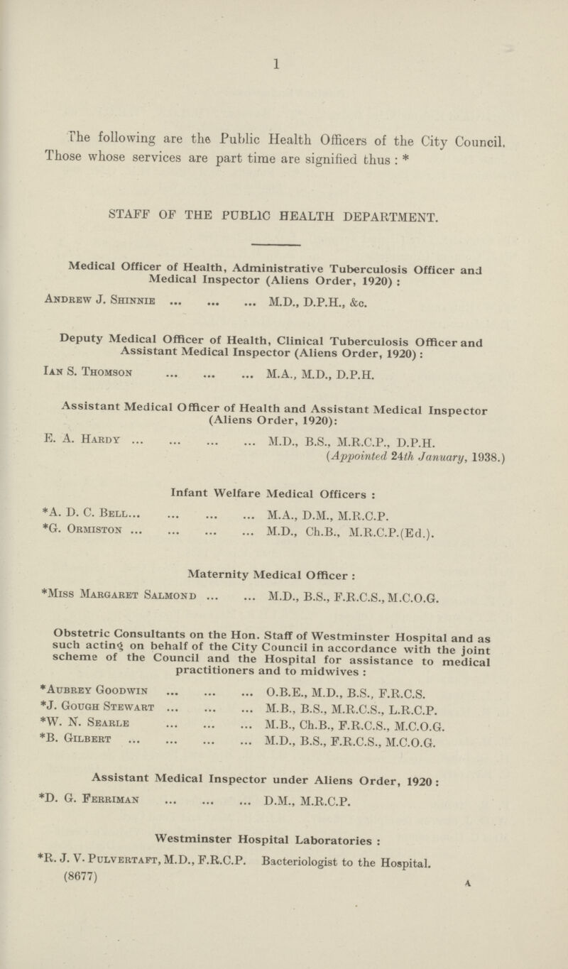 1 The following are the Public Health Officers of the City Council, Those whose services are part time are signified thus:* STAFF OF THE PUBLIC HEALTH DEPARTMENT. Medical Officer of Health, Administrative Tuberculosis Officer and Medical Inspector (Aliens Order, 1920) : Andrew J. Shinnie M.D., D.P.H., &c. Deputy Medical Officer of Health, Clinical Tuberculosis Officer and Assistant Medical Inspector (Aliens Order, 1920) : Ian S. Thomson M.A., M.D., D.P.H. Assistant Medical Officer of Health and Assistant Medical Inspector (Aliens Order, 1920): E. A. Hardy M.D., B.S., M.R.C.P., D.P.H. (Appointed 24th January, 1938.) Infant Welfare Medical Officers: *A. D. C. Bell M.A., D.M., M.R.C.P. *G. Ormiston M.D., Ch.B., M.R.C.P.(Ed.). Maternity Medical Officer: *Miss Margaret Salmond M.D., B.S., F.R.C.S., M.C.O.G. Obstetric Consultants on the Hon. Staff of Westminster Hospital and as such acting on behalf of the City Council in accordance with the joint scheme of the Council and the Hospital for assistance to medical practitioners and to midwives : *Aubrey Goodwin O.B.E., M.D., B.S., F.R.C.S. *J. Gough Stewart M.B., B.S., M.R.C.S., L.R.C.P. *W. N. Searle M.B., Ch.B., F.R.C.S., M.C.O.G. *B. Gilbert M.D., B.S., F.R.C.S., M.C.O.G. Assistant Medical Inspector under Aliens Order, 1920: *D. G. Ferriman D.M., M.R.C.P. Westminster Hospital Laboratories: *R. J. V. Pulvertaft, M.D., F.R.C.P. Bacteriologist to the Hospital. (8677)