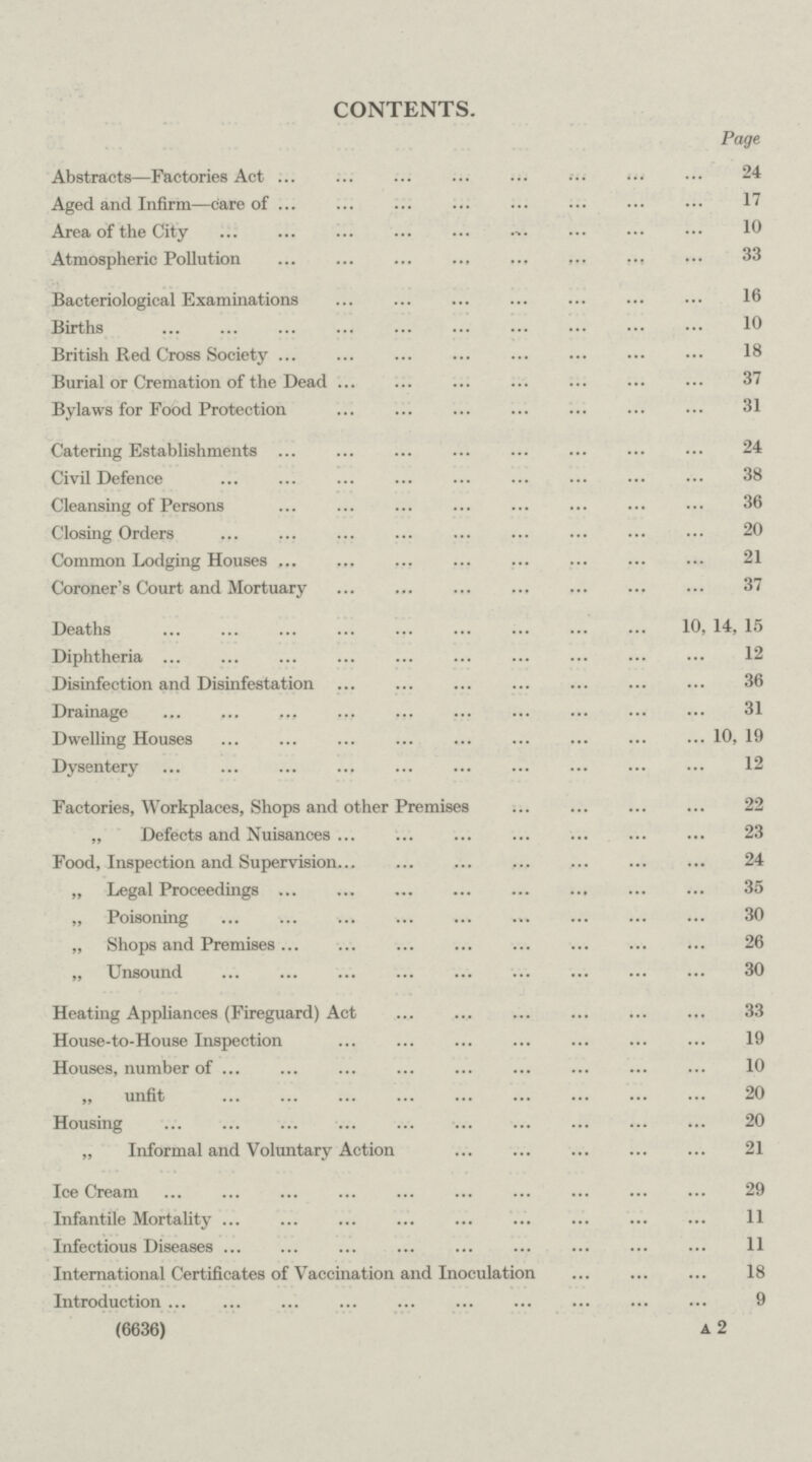CONTENTS. Page Abstracts—Factories Act 24 Aged and Infirm—care of17 Area of the City 10 Atmospheric Pollution 33 Bacteriological Examinations 16 Births 10 British Red Cross Society 18 Burial or Cremation of the Dead 37 Bylaws for Food Protection 31 Catering Establishments 24 Civil Defence 38 Cleansing of Persons 36 Closing Orders 20 Common Lodging Houses 21 Coroner's Court and Mortuary 37 Deaths 10, 14, 15 Diphtheria 12 Disinfection and Disinfestation 36 Drainage 31 Dwelling Houses 10, 19 Dysentery 12 Factories, Workplaces, Shops and other Premises 22 „ Defects and Nuisances 23 Food, Inspection and Supervision 24 „ Legal Proceedings 35 ,, Poisoning 30 „ Shops and Premises 26 „ Unsound 30 Heating Appliances (Fireguard) Act 33 House-to-House Inspection 19 Houses, number of 10 „ unfit 20 Housing 20 „ Informal and Voluntary Action 21 Ice Cream 29 Infantile Mortality 11 Infectious Diseases 11 International Certificates of Vaccination and Inoculation 18 Introduction 9 (6636) A 2