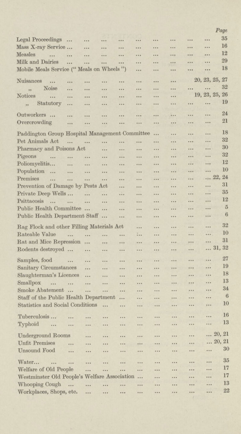 Page Legal Proceedings 35 Mass X-ray Service 16 Measles 12 Milk and Dairies 29 Mobile Meals Service (Meals on Wheels) 18 Nuisances 20, 23, 25, 27 „ Noise 32 Notices 19,23,25,26 „ Statutory 19 Outworkers 24 Overcrowding 21 Paddington Group Hospital Management Committee 18 Pet Animals Act 32 Pharmacy and Poisons Act 30 Pigeons 32 Poliomyelitis 12 Population 10 Premises 22, 24 Prevention of Damage by Pests Act 31 Private Deep Wells 35 Psittacosis 12 Public Health Committee 5 Public Health Department Staff 6 Rag Flock and other Filling Materials Act 32 Rateable Value 10 Rat and Mice Repression 31 Rodents destroyed 31, 32 Samples, food 27 Sanitary Circumstances 19 Slaughterman's Licences 18 Smallpox 13 Smoke Abatement 34 Staff of the Public Health Department 6 Statistics and Social Conditions 10 Tuberculosis 16 Typhoid 13 Underground Rooms 20,21 Unfit Premises 20,21 Unsound Food 30 Water 35 Welfare of Old People 17 Westminster Old People's Welfare Association 17 Whooping Cough 13 Workplaces, Shops, etc 22