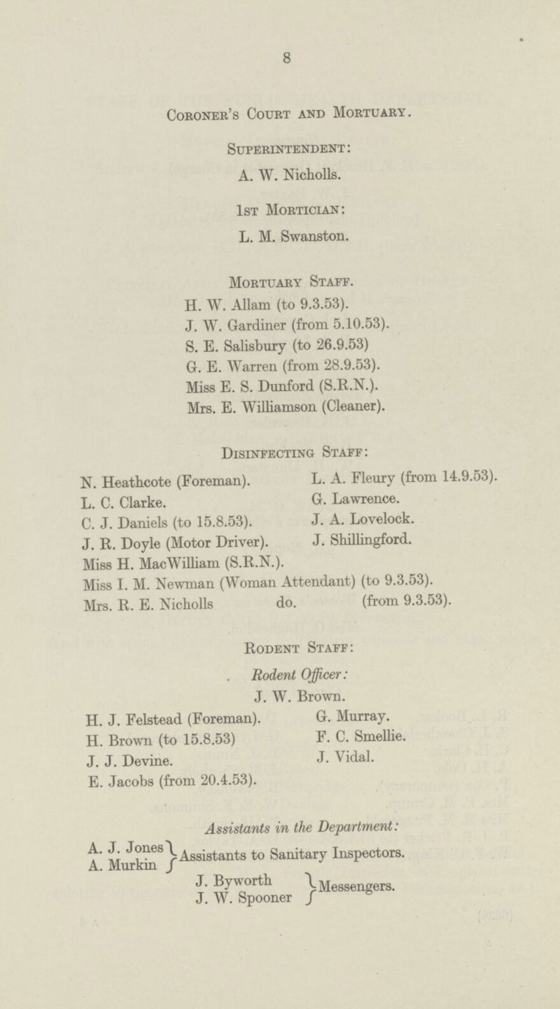 8 Coroner's Court and Mortuary. Superintendent: A. W. Nicholls. 1st Mortician: L. M. Swanston. Mortuary Staff. H. W. Allam (to 9.3.53). J. W. Gardiner (from 5.10.53). S. E. Salisbury (to 26.9.53) G. E. Warren (from 28.9.53). Miss E. S. Dunford (S.R.N.). Mrs. E. Williamson (Cleaner). Disinfecting Staff: N. Heathcote (Foreman). L. A. Fleury (from 14.9.53). L. C. Clarke. G. Lawrence. C. J. Daniels (to 15.8.53). J. A. Lovelock. J. R. Doyle (Motor Driver). J. Shillingford. Miss H. Mac William (S.R.N.). Miss I. M. Newman (Woman Attendant) (to 9.3.53). Mrs. R. E. Nicholls do. (from 9.3.53). Rodent Staff: Rodent Officer: J. W. Brown. H. J. Felstead (Foreman). G. Murray. H. Brown (to 15.8.53) F. C. Smellie. J. J. Devine. J. Vidal. E. Jacobs (from 20.4.53). Assistants in the Department: A. J. Jones A. Murkin Assistants to Sanitary Inspectors. J. Byworth J. W. Spooner Messengers.