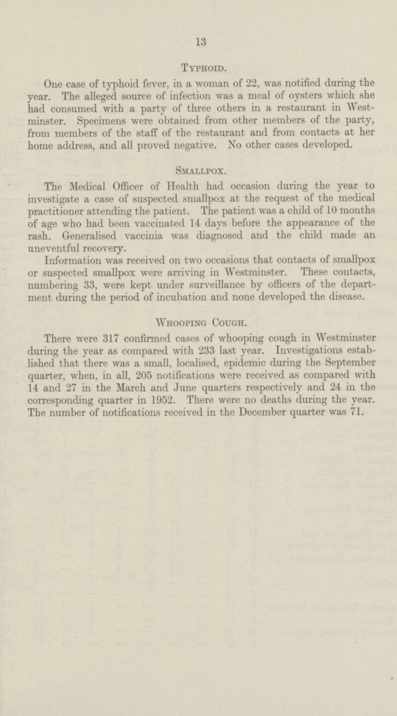 13 Typhoid. One case of typhoid fever, in a woman of 22, was notified during the year. The alleged source of infection was a meal of oysters which she had consumed with a party of three others in a restaurant in West minster. Specimens were obtained from other members of the party, from members of the staff of the restaurant and from contacts at her home address, and all proved negative. No other cases developed. Smallpox. The Medical Officer of Health had occasion during the year to investigate a case of suspected smallpox at the request of the medical practitioner attending the patient. The patient was a child of 10 months of age who had been vaccinated 14 days before the appearance of the rash. Generalised vaccinia was diagnosed and the child made an uneventful recovery. Information was received on two occasions that contacts of smallpox or suspected smallpox were arriving in Westminster. These contacts, numbering 33, were kept under surveillance by officers of the depart ment during the period of incubation and none developed the disease. Whooping Cough. There were 317 confirmed cases of whooping cough in Westminster during the year as compared with 233 last year. Investigations estab lished that there was a small, localised, epidemic during the September quarter, when, in all, 205 notifications were received as compared with 14 and 27 in the March and June quarters respectively and 24 in the corresponding quarter in 1952. There were no deaths during the year. The number of notifications received in the December quarter was 71.