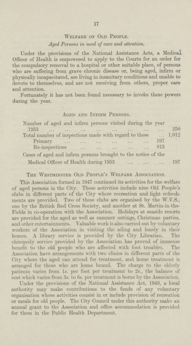 17 Welfare of Old People. Aged Persons in need of care and attention. Under the provisions of the National Assistance Acts, a Medical Officer of Health is empowered to apply to the Courts for an order for the compulsory removal to a hospital or other suitable place, of persons who are suffering from grave chronic disease or, being aged, infirm or physically incapacitated, are living in insanitary conditions and unable to devote to themselves, and are not receiving from others, proper care and attention. Fortunately it has not been found necessary to invoke these powers during the year. Aged and Infirm Persons. Number of aged and infirm persons visited during the year 1953 250 Total number of inspections made with regard to these 1,012 Primary 197 Re-inspections 815 Cases of aged and infirm persons brought to the notice of the Medical Officer of Health during 1953 197 The Westminster Old People's Welfare Association. This Association formed in 1947 continued its activities for the welfare of aged persons in the City. These activities include nine Old People's clubs in different parts of the City where recreation and light refresh ments are provided. Two of these clubs are organised by the W.V.S., one by the British Red Cross Society, and another at St. Martin-in-the Fields in co-operation with the Association. Holidays at seaside resorts are provided for the aged as well as summer outings, Christmas parties, and other entertainments. Valuable work is also carried out by voluntary workers of the Association in visiting the ailing and lonely in their homes. A library service is provided by the City Librarian. The chiropody service provided by the Association has proved of immense benefit to the old people who are affected with foot troubles. The Association have arrangements with two clinics in different parts of the City where the aged can attend for treatment, and home treatment is arranged for those who are home bound. The charge to the elderly patients varies from 1s. per foot per treatment to 2s., the balance of cost which varies from 3s. to 6s. per treatment is borne by the Association. Under the provisions of the National Assistance Act, 1948, a local authority may make contributions to the funds of any voluntary organisation whose activities consist in or include provision of recreation or meals for old people. The City Council under this authority make an annual grant to the Association and office accommodation is provided for them in the Public Health Department.