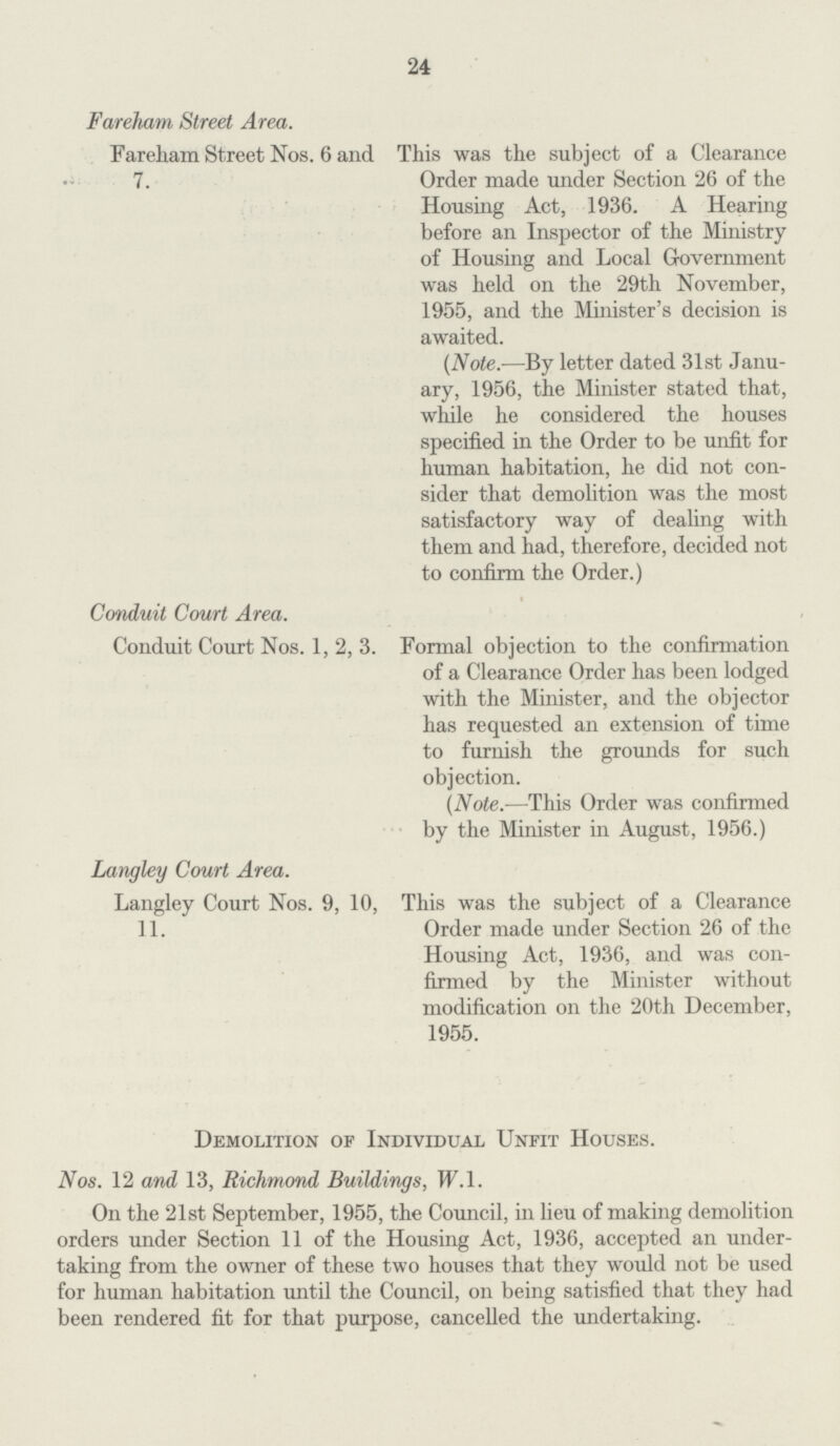 24 Fareham Street Area. Fareham Street Nos. 6 and This was the subject of a Clearance 7. Order made under Section 26 of the Housing Act, 1936. A Hearing before an Inspector of the Ministry of Housing and Local Government was held on the 29th November, 1955, and the Minister's decision is awaited. {Note.—By letter dated 31st Janu ary, 1956, the Minister stated that, while he considered the houses specified in the Order to be unfit for human habitation, he did not con sider that demolition was the most satisfactory way of dealing with them and had, therefore, decided not to confirm the Order.) Conduit Court Area. Conduit Court Nos. 1, 2, 3. Formal objection to the confirmation of a Clearance Order has been lodged with the Minister, and the objector has requested an extension of time to furnish the grounds for such objection. (Note.—This Order was confirmed by the Minister in August, 1956.) Langley Court Area. Langley Court Nos. 9, 10, This was the subject of a Clearance 11. Order made under Section 26 of the Housing Act, 1936, and was con firmed by the Minister without modification on the 20th December, 1955. Demolition of Individual Unfit Houses. Nos. 12 and 13, Richmond Buildings, W. 1. On the 21st September, 1955, the Council, in lieu of making demolition orders under Section 11 of the Housing Act, 1936, accepted an under taking from the owner of these two houses that they would not be used for human habitation until the Council, on being satisfied that they had been rendered fit for that purpose, cancelled the undertaking.
