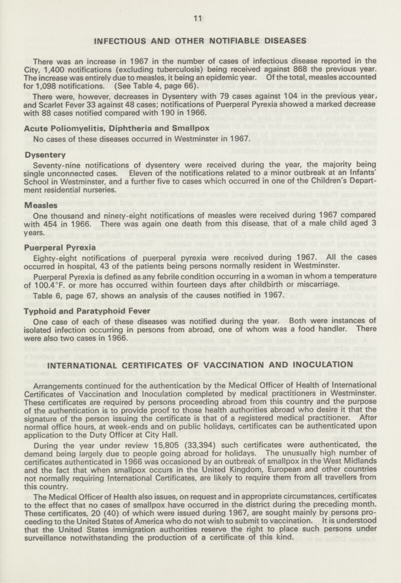 11 INFECTIOUS AND OTHER NOTIFIABLE DISEASES There was an increase in 1967 in the number of cases of infectious disease reported in the City, 1,400 notifications (excluding tuberculosis) being received against 868 the previous year. The increase was entirely due to measles, it being an epidemic year. Of the total, measles accounted for 1,098 notifications. (See Table 4, page 66). There were, however, decreases in Dysentery with 79 cases against 104 in the previous year, and Scarlet Fever 33 against 48 cases; notifications of Puerperal Pyrexia showed a marked decrease with 88 cases notified compared with 190 in 1966. Acute Poliomyelitis, Diphtheria and Smallpox No cases of these diseases occurred in Westminster in 1967. Dysentery Seventy-nine notifications of dysentery were received during the year, the majority being single unconnected cases. Eleven of the notifications related to a minor outbreak at an Infants' School in Westminster, and a further five to cases which occurred in one of the Children's Depart ment residential nurseries. Measles One thousand and ninety-eight notifications of measles were received during 1967 compared with 454 in 1966. There was again one death from this disease, that of a male child aged 3 years. Puerperal Pyrexia Eighty-eight notifications of puerperal pyrexia were received during 1967. All the cases occurred in hospital, 43 of the patients being persons normally resident in Westminster. Puerperal Pyrexia is defined as any febrile condition occurring in a woman in whom a temperature of 100.4°F. or more has occurred within fourteen days after childbirth or miscarriage. Table 6, page 67, shows an analysis of the causes notified in 1967. Typhoid and Paratyphoid Fever One case of each of these diseases was notified during the year. Both were instances of isolated infection occurring in persons from abroad, one of whom was a food handler. There were also two cases in 1966. INTERNATIONAL CERTIFICATES OF VACCINATION AND INOCULATION Arrangements continued for the authentication by the Medical Officer of Health of International Certificates of Vaccination and Inoculation completed by medical practitioners in Westminster. These certificates are required by persons proceeding abroad from this country and the purpose of the authentication is to provide proof to those health authorities abroad who desire it that the signature of the person issuing the certificate is that of a registered medical practitioner. After normal office hours, at week-ends and on public holidays, certificates can be authenticated upon application to the Duty Officer at City Hall. During the year under review 15,805 (33,394) such certificates were authenticated, the demand being largely due to people going abroad for holidays. The unusually high number of certificates authenticated in 1966 was occasioned by an outbreak of smallpox in the West Midlands and the fact that when smallpox occurs in the United Kingdom, European and other countries not normally requiring International Certificates, are likely to require them from all travellers from this country. The Medical Officer of Health also issues, on request and in appropriate circumstances, certificates to the effect that no cases of smallpox have occurred in the district during the preceding month. These certificates, 20 (40) of which were issued during 1967, are sought mainly by persons pro ceeding to the United States of America who do not wish to submit to vaccination. It is understood that the United States immigration authorities reserve the right to place such persons under surveillance notwithstanding the production of a certificate of this kind.