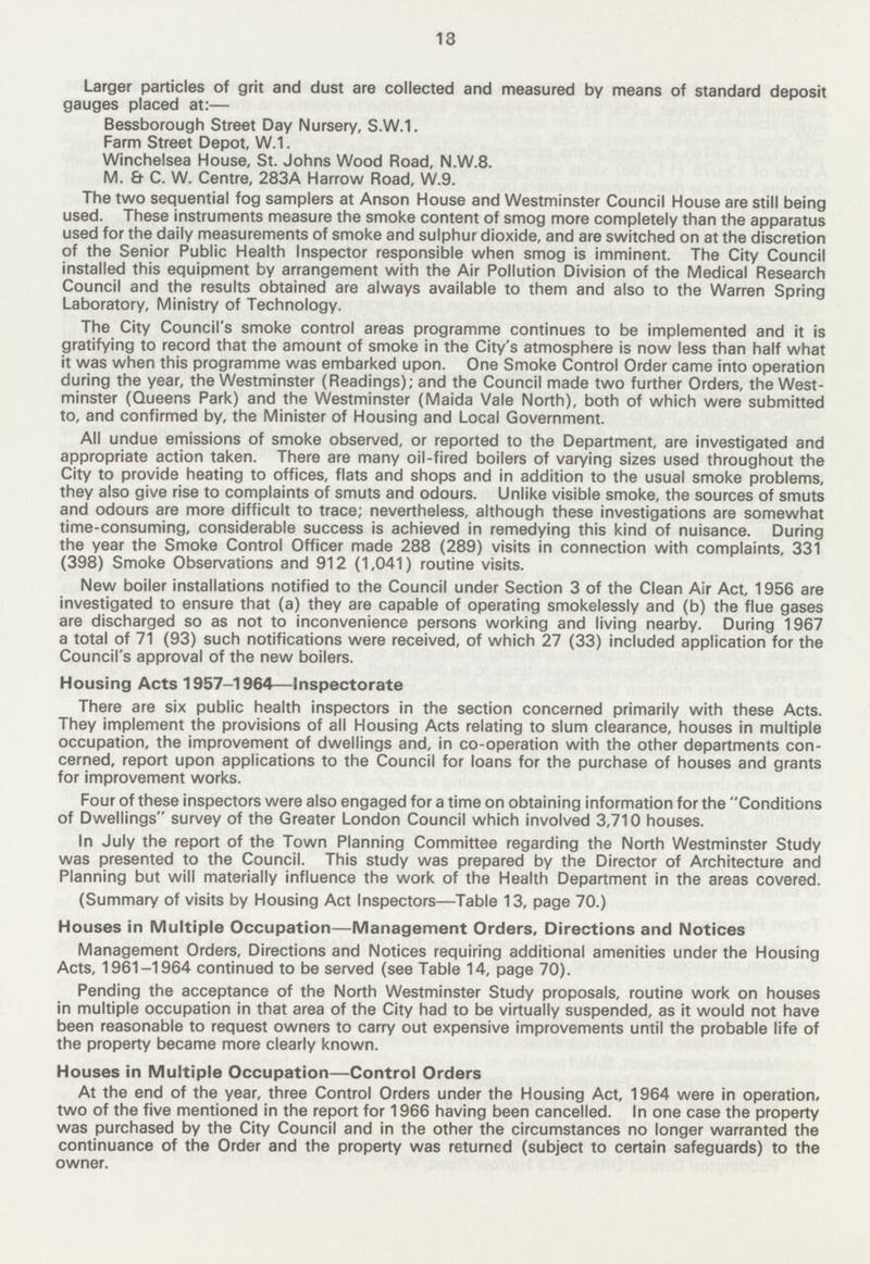 18 Larger particles of grit and dust are collected and measured by means of standard deposit gauges placed at:— Bessborough Street Day Nursery, S.W.1. Farm Street Depot, W.1. Winchelsea House, St. Johns Wood Road, N.W.8. M. & C. W. Centre, 283A Harrow Road, W.9. The two sequential fog samplers at Anson House and Westminster Council House are still being used. These instruments measure the smoke content of smog more completely than the apparatus used for the daily measurements of smoke and sulphur dioxide, and are switched on at the discretion of the Senior Public Health Inspector responsible when smog is imminent. The City Council installed this equipment by arrangement with the Air Pollution Division of the Medical Research Council and the results obtained are always available to them and also to the Warren Spring Laboratory, Ministry of Technology. The City Council's smoke control areas programme continues to be implemented and it is gratifying to record that the amount of smoke in the City's atmosphere is now less than half what it was when this programme was embarked upon. One Smoke Control Order came into operation during the year, the Westminster (Readings); and the Council made two further Orders, the West minster (Queens Park) and the Westminster (Maida Vale North), both of which were submitted to, and confirmed by, the Minister of Housing and Local Government. All undue emissions of smoke observed, or reported to the Department, are investigated and appropriate action taken. There are many oil-fired boilers of varying sizes used throughout the City to provide heating to offices, flats and shops and in addition to the usual smoke problems, they also give rise to complaints of smuts and odours. Unlike visible smoke, the sources of smuts and odours are more difficult to trace; nevertheless, although these investigations are somewhat time-consuming, considerable success is achieved in remedying this kind of nuisance. During the year the Smoke Control Officer made 288 (289) visits in connection with complaints, 331 (398) Smoke Observations and 912 (1,041) routine visits. New boiler installations notified to the Council under Section 3 of the Clean Air Act, 1956 are investigated to ensure that (a) they are capable of operating smokelessly and (b) the flue gases are discharged so as not to inconvenience persons working and living nearby. During 1967 a total of 71 (93) such notifications were received, of which 27 (33) included application for the Council's approval of the new boilers. Housing Acts 1957-1964—Inspectorate There are six public health inspectors in the section concerned primarily with these Acts. They implement the provisions of all Housing Acts relating to slum clearance, houses in multiple occupation, the improvement of dwellings and, in co-operation with the other departments con cerned, report upon applications to the Council for loans for the purchase of houses and grants for improvement works. Four of these inspectors were also engaged for a time on obtaining information for the Conditions of Dwellings survey of the Greater London Council which involved 3,710 houses. In July the report of the Town Planning Committee regarding the North Westminster Study was presented to the Council. This study was prepared by the Director of Architecture and Planning but will materially influence the work of the Health Department in the areas covered. (Summary of visits by Housing Act Inspectors—Table 13, page 70.) Houses in Multiple Occupation—Management Orders, Directions and Notices Management Orders, Directions and Notices requiring additional amenities under the Housing Acts, 1961-1964 continued to be served (see Table 14, page 70). Pending the acceptance of the North Westminster Study proposals, routine work on houses in multiple occupation in that area of the City had to be virtually suspended, as it would not have been reasonable to request owners to carry out expensive improvements until the probable life of the property became more clearly known. Houses in Multiple Occupation—Control Orders At the end of the year, three Control Orders under the Housing Act, 1964 were in operation, two of the five mentioned in the report for 1966 having been cancelled. In one case the property was purchased by the City Council and in the other the circumstances no longer warranted the continuance of the Order and the property was returned (subject to certain safeguards) to the owner.