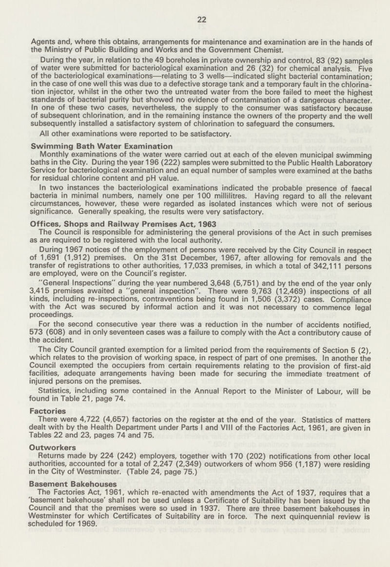 22 Agents and, where this obtains, arrangements for maintenance and examination are in the hands of the Ministry of Public Building and Works and the Government Chemist. During the year, in relation to the 49 boreholes in private ownership and control, 83 (92) samples of water were submitted for bacteriological examination and 26 (32) for chemical analysis. Five of the bacteriological examinations—relating to 3 wells—indicated slight bacterial contamination; in the case of one well this was due to a defective storage tank and a temporary fault in the chlorina tion injector, whilst in the other two the untreated water from the bore failed to meet the highest standards of bacterial purity but showed no evidence of contamination of a dangerous character. In one of these two cases, nevertheless, the supply to the consumer was satisfactory because of subsequent chlorination, and in the remaining instance the owners of the property and the well subsequently installed a satisfactory system of chlorination to safeguard the consumers. All other examinations were reported to be satisfactory. Swimming Bath Water Examination Monthly examinations of the water were carried out at each of the eleven municipal swimming baths in the City. During the year 196 (222) samples were submitted to the Public Health Laboratory Service for bacteriological examination and an equal number of samples were examined at the baths for residual chlorine content and pH value. In two instances the bacteriological examinations indicated the probable presence of faecal bacteria in minimal numbers, namely one per 100 millilitres. Having regard to all the relevant circumstances, however, these were regarded as isolated instances which were not of serious significance. Generally speaking, the results were very satisfactory. Offices, Shops and Railway Premises Act, 1963 The Council is responsible for administering the general provisions of the Act in such premises as are required to be registered with the local authority. During 1967 notices of the employment of persons were received by the City Council in respect of 1,691 (1,912) premises. On the 31st December, 1967, after allowing for removals and the transfer of registrations to other authorities, 17,033 premises, in which a total of 342,111 persons are employed, were on the Council's register. General Inspections during the year numbered 3,648 (5,751) and by the end of the year only 3,415 premises awaited a general inspection. There were 9,763 (12,469) inspections of all kinds, including re-inspections, contraventions being found in 1,506 (3,372) cases. Compliance with the Act was secured by informal action and it was not necessary to commence legal proceedings. For the second consecutive year there was a reduction in the number of accidents notified, 573 (608) and in only seventeen cases was a failure to comply with the Act a contributory cause of the accident. The City Council granted exemption for a limited period from the requirements of Section 5 (2), which relates to the provision of working space, in respect of part of one premises. In another the Council exempted the occupiers from certain requirements relating to the provision of first-aid facilities, adequate arrangements having been made for securing the immediate treatment of injured persons on the premises. Statistics, including some contained in the Annual Report to the Minister of Labour, will be found in Table 21, page 74. Factories There were 4,722 (4,657) factories on the register at the end of the year. Statistics of matters dealt with by the Health Department under Parts I and VIII of the Factories Act, 1961, are given in Tables 22 and 23, pages 74 and 75. Outworkers Returns made by 224 (242) employers, together with 170 (202) notifications from other local authorities, accounted for a total of 2,247 (2,349) outworkers of whom 956 (1,187) were residing in the City of Westminster. (Table 24, page 75.) Basement Bakehouses The Factories Act, 1961, which re-enacted with amendments the Act of 1937, requires that a 'basement bakehouse' shall not be used unless a Certificate of Suitability has been issued by the Council and that the premises were so used in 1937. There are three basement bakehouses in Westminster for which Certificates of Suitability are in force. The next quinquennial review is scheduled for 1969.