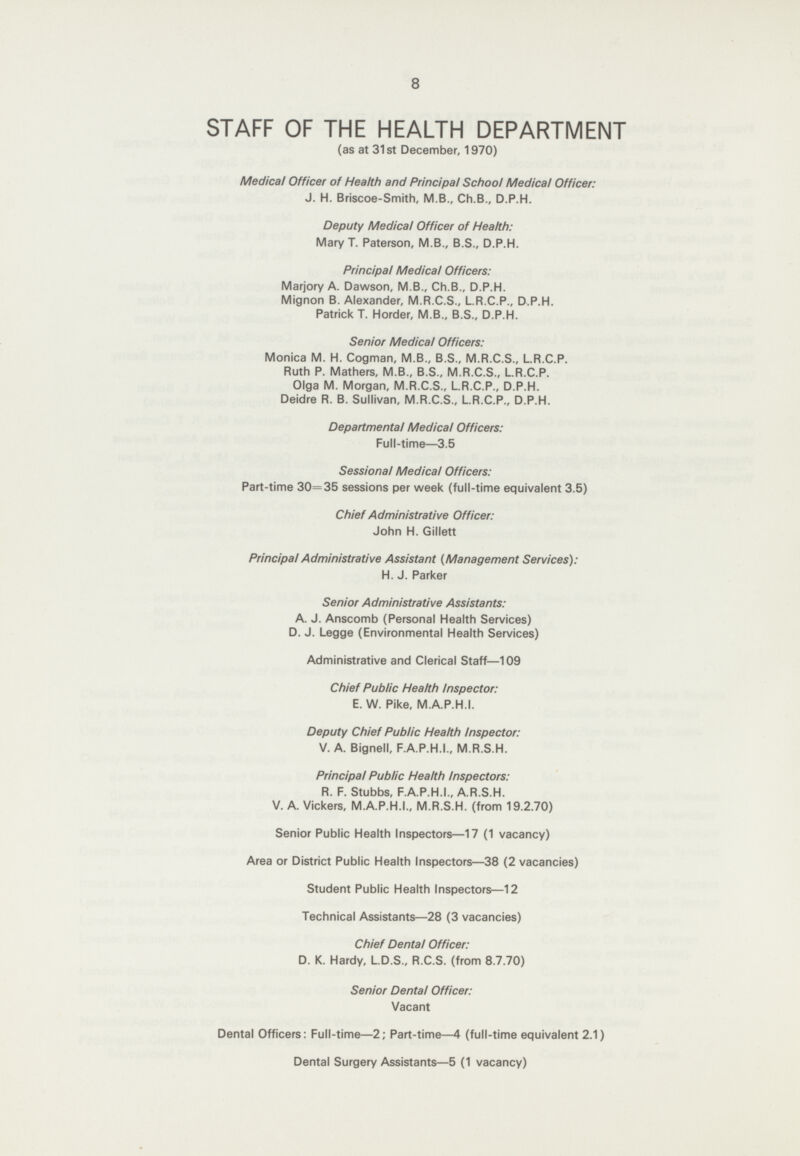 8 STAFF OF THE HEALTH DEPARTMENT (as at 31st December, 1970) Medical Officer of Health and Principal School Medical Officer: J. H. Briscoe-Smith, M.B., Ch.B., D.P.H. Deputy Medical Officer of Health: Mary T. Paterson, M.B., B.S., D.P.H. Principal Medical Officers: Marjory A. Dawson, M.B., Ch.B., D.P.H. Mignon B. Alexander, M.R.C.S., L.R.C.P., D.P.H. Patrick T. Horder, M.B., B.S., D.P.H. Senior Medical Officers: Monica M. H. Cogman, M.B., B.S., M.R.C.S., L.R.C.P. Ruth P. Mathers, M.B., B.S., M.R.C.S., L.R.C.P. Olga M. Morgan, M.R.C.S., L.R.C.P., D.P.H. Deidre R. B. Sullivan, M.R.C.S., L.R.C.P., D.P.H. Departmental Medical Officers: Full-time—3.5 Sessional Medical Officers: Part-time 30=35 sessions per week (full-time equivalent 3.5) Chief Administrative Officer: John H. Gillett Principal Administrative Assistant (Management Services): H. J. Parker Senior Administrative Assistants: A. J. Anscomb (Personal Health Services) D. J. Legge (Environmental Health Services) Administrative and Clerical Staff—109 Chief Public Health Inspector: E. W. Pike, M.A.P.H.I. Deputy Chief Public Health Inspector: V. A. Bignell, F.A.P.H.I., M.R.S.H. Principal Public Health Inspectors: R. F. Stubbs, F.A.P.H.I., A.R.S.H. V. A. Vickers, M.A.P.H.I., M.R.S.H. (from 19.2.70) Senior Public Health Inspectors—17 (1 vacancy) Area or District Public Health Inspectors—38 (2 vacancies) Student Public Health Inspectors—12 Technical Assistants—28 (3 vacancies) Chief Dental Officer: D. K. Hardy, L.D.S., R.C.S. (from 8.7.70) Senior Dental Officer: Vacant Dental Officers: Full-time—2; Part-time—4 (full-time equivalent 2.1) Dental Surgery Assistants—5 (1 vacancy)