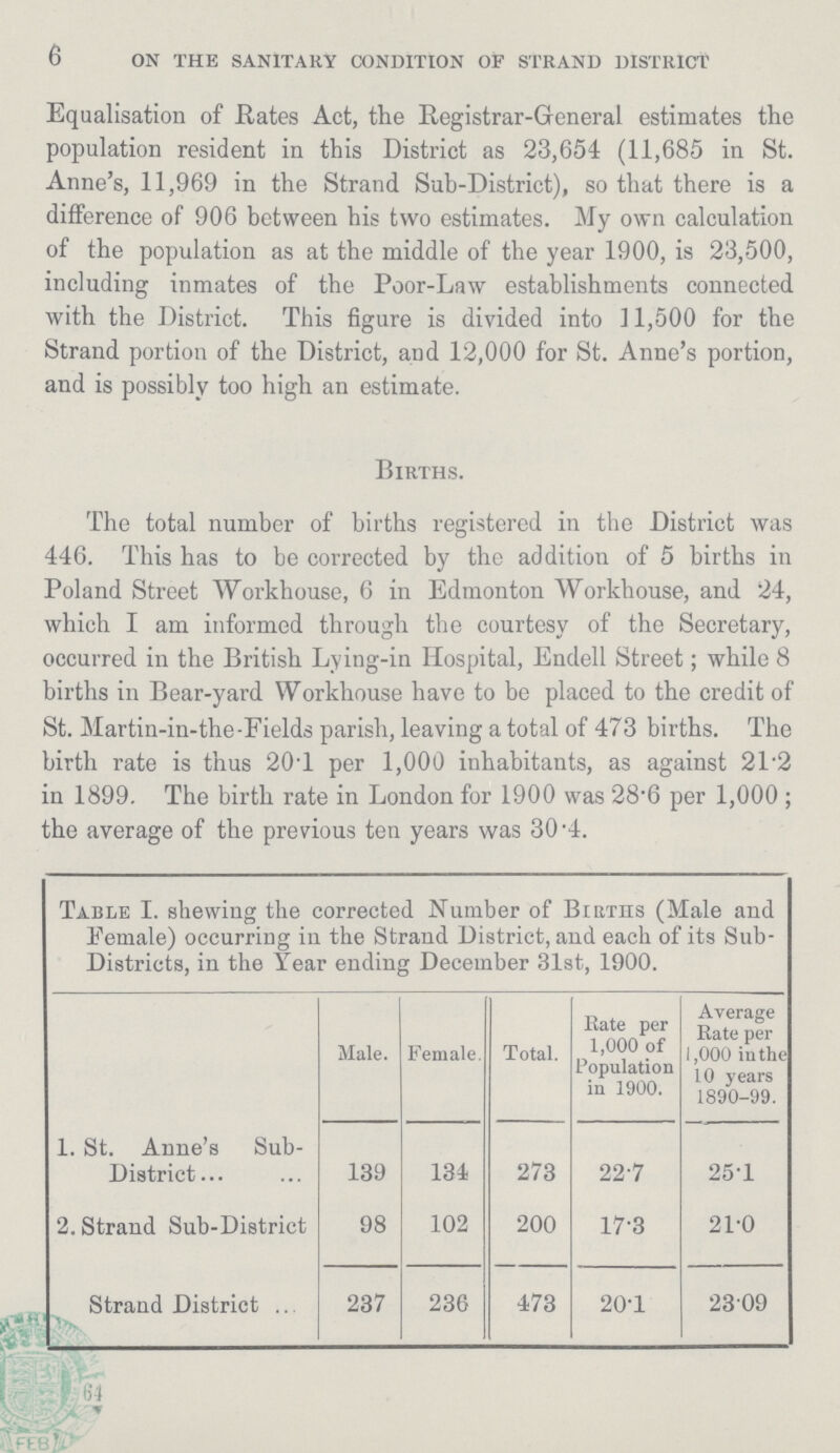 6 ON THE SANITARY CONDITION OF STRAND DISTRICT Equalisation of Hates Act, the Registrar-General estimates the population resident in this District as 23,654 (11,685 in St. Anne's, 11,969 in the Strand Sub-District), so that there is a difference of 906 between his two estimates. My own calculation of the population as at the middle of the year 1900, is 23,500, including inmates of the Poor-Law establishments connected with the District. This figure is divided into 11,500 for the Strand portion of the District, and 12,000 for St. Anne's portion, and is possibly too high an estimate. Births. The total number of births registered in the District was 446. This has to be corrected by the addition of 5 births in Poland Street Workhouse, 6 in Edmonton Workhouse, and 24, which I am informed through the courtesy of the Secretary, occurred in the British Lying-in Hospital, Endell Street; while 8 births in Bear-yard Workhouse have to be placed to the credit of St. Martiu-in-the-Fields parish, leaving a total of 473 births. The birth rate is thus 20.1 per 1,000 inhabitants, as against 21.2 in 1899. The birth rate in London for 1900 was 28.6 per 1,000; the average of the previous ten years was 30.4. Table I. shewing the corrected Number of Births (Male and Female) occurring in the Strand District, and each of its Sub Districts, in the Year ending December 31st, 1900. Male. Female. Total. Rate per 1,000 of Population in 1900. Average Rate per 1,000 in the 10 years 1890-99. 1. St. Anne's Sub District 139 134 273 22.7 25.1 2. Strand Sub-District 98 102 200 17.3 21.0 Strand District 237 236 473 20.1 23.09