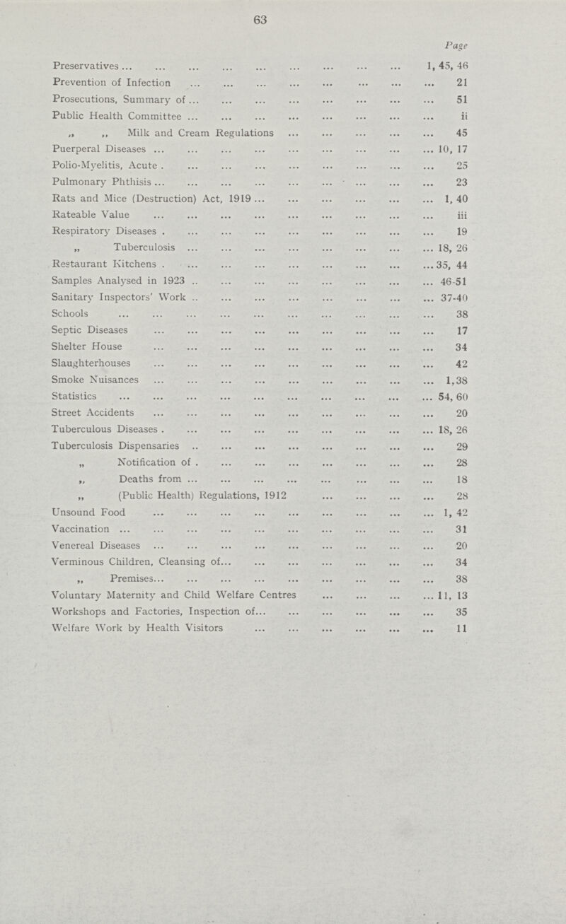 63 Page Preservatives 1,45,46 Prevention of Infection 21 Prosecutions, Summary of 51 Public Health Committee ii „ ,, Milk and Cream Regulations 45 Puerperal Diseases 10, 17 Polio-Myelitis, Acute 25 Pulmonary Phthisis 23 Rats and Mice (Destruction) Act, 1919 1, 40 Rateable Value iii Respiratory Diseases 19 „ Tuberculosis 18, 26 Restaurant Kitchens 35, 44 Samples Analysed in 1923 46-51 Sanitary Inspectors' Work 37-40 Schools 38 Septic Diseases 17 Shelter House 34 Slaughterhouses 42 Smoke Nuisances 1,38 Statistics 54,60 Street Accidents 20 Tuberculous Diseases I8, 26 Tuberculosis Dispensaries 29 „ Notification of 28 „ Deaths from 18 „ (Public Health) Regulations, 1912 28 Unsound Food 1, 42 Vaccination 31 Venereal Diseases 20 Verminous Children, Cleansing of 34 „ Premises 38 Voluntary Maternity and Child Welfare Centres 11, 13 Workshops and Factories, Inspection of 35 Welfare Work by Health Visitors 11