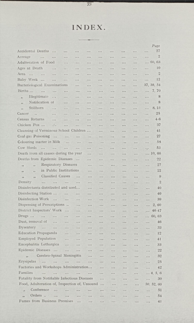 73 INDEX. Page Accidental Deaths 27 Acreage Adulteration of Food 60, 63 Ages at Death '0 Area Baby Week '2 Bacteriological Examinations 37, 38, 54 Births „ Illegitimate 8 „ Notification of 8 Stillborn 8, I6 Cancer. 25 Census Returns 4-6 Chicken Pox 37 Cleansing of Verminous School Children 41 Coal gas Poisoning 27 Colouring matter in Milk 58 Cow Sheds 53 Death irom all causes during the year 10, 66 Deaths from Epidemic Diseases 22 „ ,, Respiratory Diseases 27 „ „ in Public Institutions 22 „ „ Classified Causes 9 Density 2 Disinfectants distributed and used 40 Disinfecting Station 40 Disinfection Work 39 Dispensing of Prescriptions 2, 60 District Inspectors' Work 46-47 Drugs 60, 63 Dust, removal of 46 Dysentery 33 Education Propaganda 12 Employed Population 41 Encephalitis Lethargica . 33 Epidemic Diseases 22 „ Cerebro-Spinal Meningitis 32 Erysipelas 25 Factories and Workshops Administration 42 Families 4, 5, 6 Fatality from Notifiable Infectious Diseases 30 Food, Adulteration of. Inspection of. Unsound 50, 52, 60 „ Conference 51 „ Orders 54 Fumes from Business Premises 41