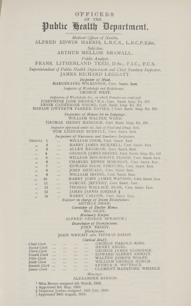 OFFICERS OF THE public Healtlh Department Medical Officer of Health ALFRED EDWIN HARRIS, L R C S , L R C P Edin Solicitor ARTHUR MELLOR BRAMALL Public Analyst FRANK LITHERLAND TEED, D Sc , F I C , F C S Superintendent of Public Health Depaitment and Chief Sanitary Inspector JAMES RICHARD LEGGATT Inspector of Meat HARGREAVES WILKINSON, Cert Sanit Inst Inspector of Workshops and Bakehouses GEORGE WEST Inspectors of Workshops &c , in which Females are employed JOSEPHINE JANE BROWN * B A , Cert Sanit Insp Ex Bd ANNIE CATHERINE YOUNG, Cert Sanit Insp Ex Bd MARIAN GWYNETH PARKER DAVIES, † Cert Sanit Insp Ex Bd Inspectors of Houses let in Lodgings WILLIAM WALTER WARD THOMAS HENRY HANCOCK, Cert Sanit Insp Ex Bd Inspector appointed under the Sale of Food and Drugs Acts TOM LEONARD BURREl L, Cert Sanit Inst Inspectors of Nuisances and Sanitary Inspectors District 1 WILLIAM COOK, Cert Sanit Inst „ 2 HARRY JAMES BICKNELL, Cert Sanit Inst „3 ALLEN BAGSHAW, Cert Sanit Inst „4 GEORGE JAMES BRIDEL Cert Sanit Insp Ex lid „ 5 WILLIAM HOLSGROVE FLOOD, Cert Sanit Inst ,, 6 CHARLES EDWIN HORSMAN, Cert Sanit Ins* „7 EDWARD ISAAC FORTUNE, Cert Sanit Inst „8 JOHN METCALF, Cert Sanit Inst „9 WILLIAM IRVING, Cert Sanit Inst „ 10 HARRY JOHN JAMES WATSON, Cert Sanit Inst „11 SAMUEL JEFFERY, Cert Sanit Inst ,, 12 THOMAS WALLACE AGAR, Cert Sanit Inst „13 JAMES JARVIS JORDAN § „14 HARRY CALLOW, Cert Sanit Inst Engineer in charge of Steam Disinfectors ARTHUR DEAN Caretaker of Shelter House Mrs DEAN Mortuary Keeper ALFRED GEORGE SPRAGUE ‡ Distributor of Disinfectants JOHN REDDY Disinfectors JOHN WRIGHT and THOMAS DIXON Clerical Staff Chief Clerk GEORGE HAROLD KING Second Clerk HENRY ANGEL ThirdClerk GEORGE JAMES ELDRIDGE Fourth Clerk EDWARD ALBERT ABBOTT Fifth Clerk WALTER JOSEPH WOLFE Sixth Clerk WILLIAM GEORGE BUNCH Seventh Clerk ARTHUR R WI TTRICK Junior Clerk CLEMENT MARSTONE WHEBLE Messenger ALEXANDER SANSON * Miss Brown resigned 4th March, 1910 † Appointed 9th May, 1910 § Inspector Jordan resigned, 15th July, 1910 ‡ Appointed 29th August, 1910