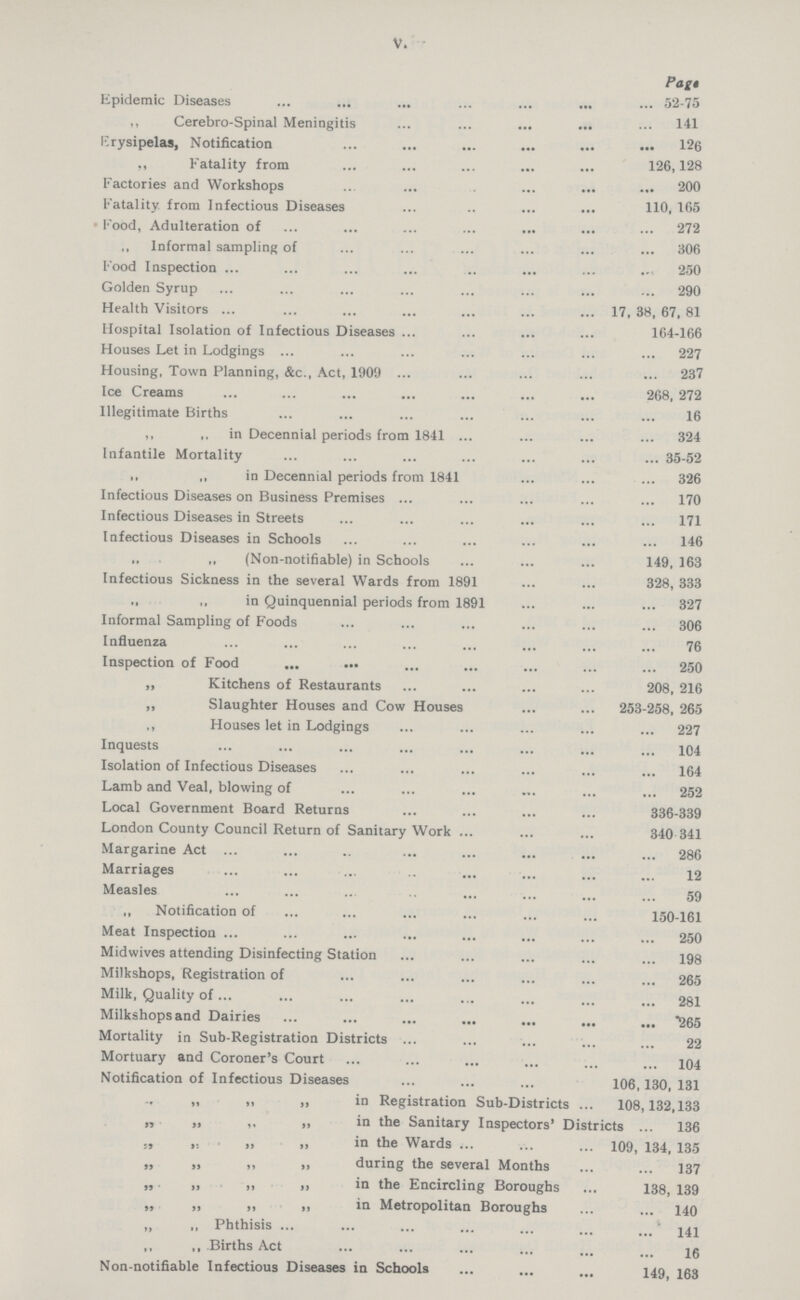 v. Page Epidemic Diseases 52-75 ,, Cerebro-Spinal Meningitis 141 Erysipelas, Notification 126 „ Fatality from 126,128 Factories and Workshops 200 Fatality, from Infectious Diseases 110, 165 • Food, Adulteration of 272 ,, Informal sampling of 306 Food Inspection 250 Golden Syrup 290 Health Visitors 17, 38, 67, 81 Hospital Isolation of Infectious Diseases 164-166 Houses Let in Lodgings 227 Housing, Town Planning, &c , Act, 1909 237 Ice Creams 268, 272 Illegitimate Births 16 ,, „ in Decennial periods from 1841 324 Infantile Mortality 35-52 ,, „ in Decennial periods from 1841 326 Infectious Diseases on Business Premises 170 Infectious Diseases in Streets 171 Infectious Diseases in Schools 146 „ (Non-notifiable) in Schools 149, 163 Infectious Sickness in the several Wards from 1891 328, 333 „ in Quinquennial periods from 1891 327 Informal Sampling of Foods 306 Influenza 76 Inspection of Food 250 „ Kitchens of Restaurants 208, 216 ,, Slaughter Houses and Cow Houses 253-258, 265 Houses let in Lodgings 227 Inquests 104 Isolation of Infectious Diseases 164 Lamb and Veal, blowing of 252 Local Government Board Returns 336-339 London County Council Return of Sanitary Work 340 341 Margarine Act 286 Marriages 12 Measles 59 ,, Notification of 150-161 Meat Inspection 250 Midwives attending Disinfecting Station 198 Milkshops, Registration of 265 Milk, Quality of 281 Milkshops and Dairies 265 Mortality in Sub-Registration Districts 22 Mortuary and Coroner's Court 104 Notification of Infectious Diseases 106, 130, 131 „ „ „ in Registration Sub-Districts 108,132,133 „ „ „ in the Sanitary Inspectors' Districts 136 „ „ „ „in the Wards 109, 134, 135 „ „ „ „ during the several Months 137 „ „ „ in the Encircling Boroughs 138, 139 „ „ „ „ in Metropolitan Boroughs 140 „ „Phthisis 141 ,, ,, Births Act 16 Non-notifiable Infectious Diseases in Schools 149, 153