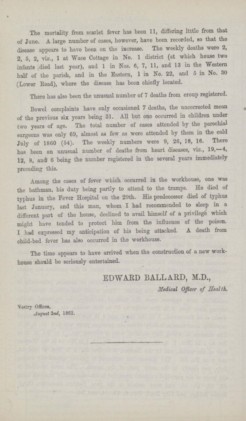 The mortality from scarlet fever has been 11, differing ltttle from that of June. A large number of cases, however, have been recorded, so that the disease appears to have been on the increase. The weekly deaths were 2, 2, 5, 2, viz., 1 at Wace Cottage in No. 1 district (at which house two infants (died last year), and 1 in Nos. 6, 7, 11, and 13 in the Western half of the parish, and in the Eastern, 1 in No. 22, and 5 in No. 30 (Lower Eoad), where the disease has been chiefly located. There has also been the unusual number of 7 deaths from croup registered. Bowel complaints have only occasioned 7 deaths, the uncorrected mean of the previous six years being 31. All but one occurred in children under two years of age. The total number of cases attended by the parochial surgeons was only 69, almost as few as were attended by them in the cold July of 1860 (54). The weekly numbers were 9, 26, 18, 16. There has been an unusual number of deaths from heart diseases, viz., 19, -4, 12, 8, andi 6 being the number registered in the several years immediately preceding this. Among the cases of fever which occurred in the workhouse, one was the bathman. his duty being partly to attend to the tramps. He died of typhus in the Fever Hospital on the 29th. His predecessor died of typhus last January, and this man, whom I had recommended to sleep in a different part of the house, declined to avail himself of a privilege which might have tended to protect him from the influence of the poison. I had expressed my anticipation of his being attacked. A death from child-bed fever has also occurred in the workhouse. The time appears to have arrived when the construction of a new work house should be seriously entertained. EDWAED BALLARD, M.D., Medical Officer of Health. Vestry Offices, August 2nd, 1862.