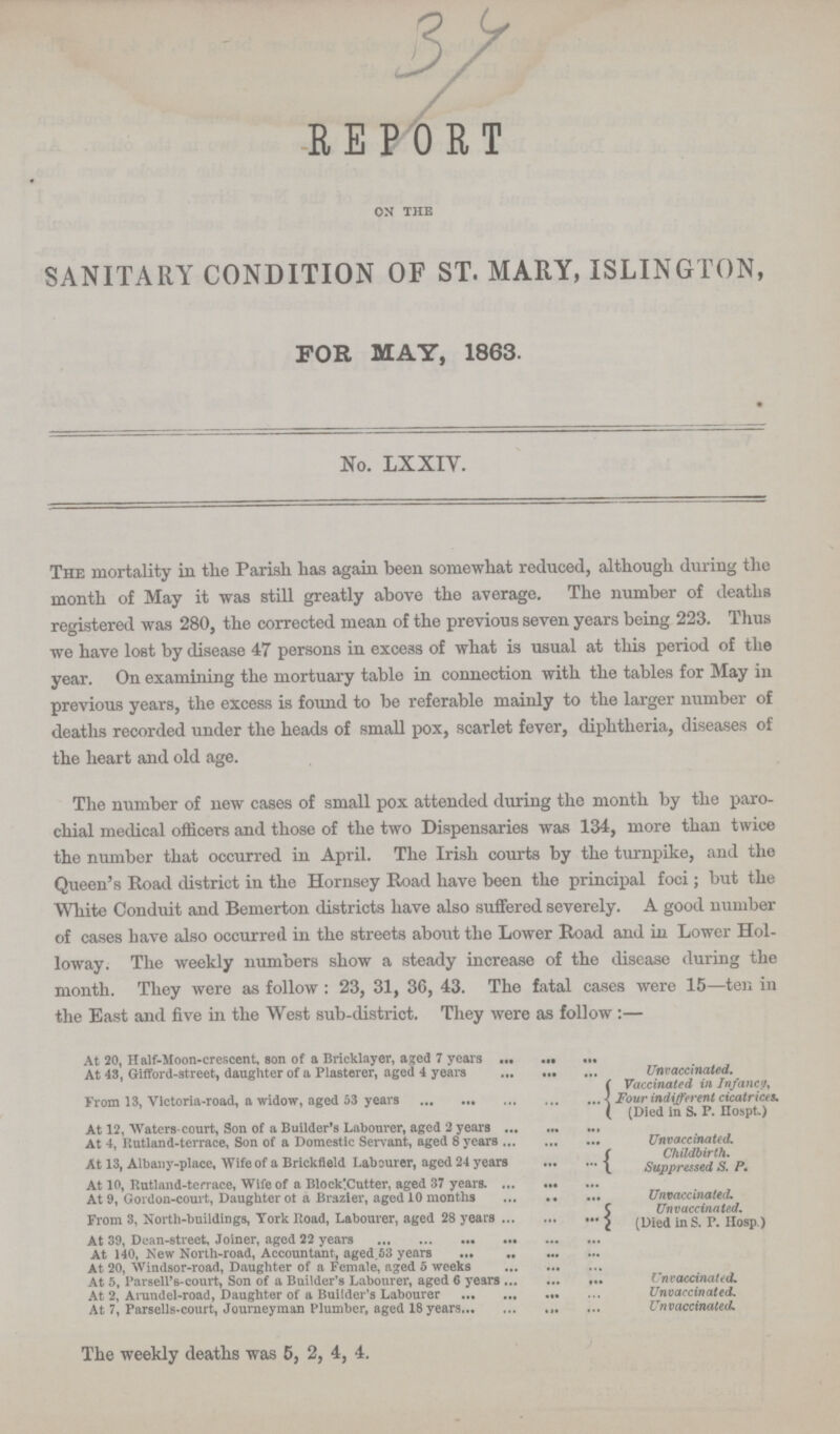 34 REPORT on the SANITARY CONDITION OP ST. MARY, ISLINGTON, FOR MAY, 1863. No. LXXIV. The mortality in the Parish has again been somewhat reduced, although during the month of May it was still greatly above the average. The number of deaths registered was 280, the corrected mean of the previous seven years being 223. Thus we have lost by disease 47 persons in excess of what is usual at this period of the year. On examining the mortuary table in connection with the tables for May in previous years, the excess is found to be referable mainly to the larger number of deaths recorded under the heads of small pox, scarlet fever, diphtheria, diseases of the heart and old age. The number of new cases of small pox attended during the month by the paro chial medical officers and those of the two Dispensaries was 134, more than twice the number that occurred in April. The Irish courts by the turnpike, and the Queen's Road district in the Hornsey Road have been the principal foci; but the White Conduit and Bemerton districts have also suffered severely. A good number of cases have also occurred in the streets about the Lower Road and in Lower Hol loway. The weekly numbers show a steady increase of the disease during the month. They were as follow : 23, 31, 36, 43. The fatal cases were 15—ten in the East and five in the West sub-district. They were as follow :— At 20, Half-Moon-crescent, son of a Bricklayer, aged 7 year At 43, Gifford-street, daughter of a Plasterer, aged 4 years From 13, Victoria-road, a widow, aged 53 years At 12, Waters-court, Son of a Builder's Labourer, aged 2 years At 4, Rutland-terrace, Son of a Domestic Sen-ant, aged 8 years At 13, Albany-place, Wife of a Brickfield Labourer, aged 24 years At 10, Rutland-terrace, Wife of a Block'.Cutter, aged 37 years At 9, Gordon-court, Daughter ot a Brazier, aged 10 months From 3, North-buildings, York Road, Labourer, aged 28 years At 39, Dean-street, Joiner, aged 22 years At 140, New North-road, Accountant, aged,53 years At 20, Windsor-road, Daughter of a Female, aged 5 weeks At 5, Parsell's-court, Son of a Builder's Labourer, aged 6 years At 2, Arundel-road, Daughter of a Builder's Labourer At 7, Parsells-court, Journeyman Plumber, aged 18 years Unvaccinated. Vaccinated in Infancy, Four indifferent cicatrices. (Died in S. P. Ilospt.) Unvaccinated. Childbirth. Suppressed S. P. Unvaccinated. Unvaccinated. (Died in S. P. Hosp.) Unvaccinated. Unvaccinated. Unvaccinated. The weekly deaths was 5, 2, 4, 4.