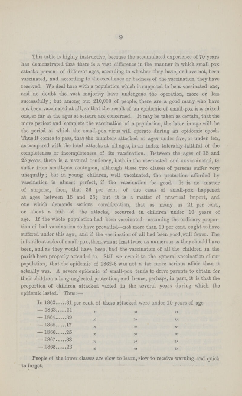 9 This table is highly instructive, because the accumulated experience of 70 years has demonstrated that there is a vast difference in the manner in which small-pox attacks persons of different ages, according to whether they have, or have not, been vaccinated, and according to the excellence or badness of the vaccination they have received. We deal here with a population which is supposed to be a vaccinated one, and no doubt the vast majority have undergone the operation, more or less successfully; but among our 210,000 of people, there are a good many who have not been vaccinated at all, so that the result of an epidemic of small-pox is a mixed one, so far as the ages at seizure are concerned. It may be taken as certain, that the more perfect and complete the vaccination of a population, the later in age will be the period at which the small-pox virus will operate during an epidemic epoch. Thus it comes to pass, that the numbers attacked at ages under five, or under ten, as compared with the total attacks at all ages, is an index tolerably faithful of the completeness or incompleteness of its vaccination. Between the ages of 15 and 25 years, there is a natural tendency, both in the vaccinated and unvaccinated, to suffer from small-pox contagion, although these two classes of persons suffer very unequally; but in young children, well vaccinated, the protection afforded by vaccination is almost perfect, if the vaccination be good. It is no matter of surprise, then, that 36 per cent. of the cases of small-pox happened at ages between 15 and 25; but it is a matter of practical import, and one which demands serious consideration, that as many as 21 per cent., or about a fifth of the attacks, occurred in children under 10 years of age. If the whole population had been vaccinated—assuming the ordinary propor tion of bad vaccination to have prevailed—not more than 10 per cent, ought to have suffered under this age; and if the vaccination of all had been good, still fewer. The infantile attacks of small-pox, then, was at least twice as numerous as they should have been, and as they would have been, had the vaccination of all the children in the parish been properly attended to. Still we owe it to the general vaccination of our population, that the epidemic of 1862-8 was not a far more serious affair than it actually was. A severe epidemic of small-pox tends to drive parents to obtain for their children a long-neglected protection, and hence, perhaps, in part, it is that the proportion of children attacked varied in the several years during which the epidemic lasted. Thus:— In 1862 31 per cent, of those attacked were under 10 years of age — 1863 31 „ „ „ 1864 39 ,, „ „ — 1865 17 „ „ „ — 1866 25 „ „ „ — 1867 33 -1868 22 People of the lower classes are slow to learn, slow to receive warning, and quick to forget.