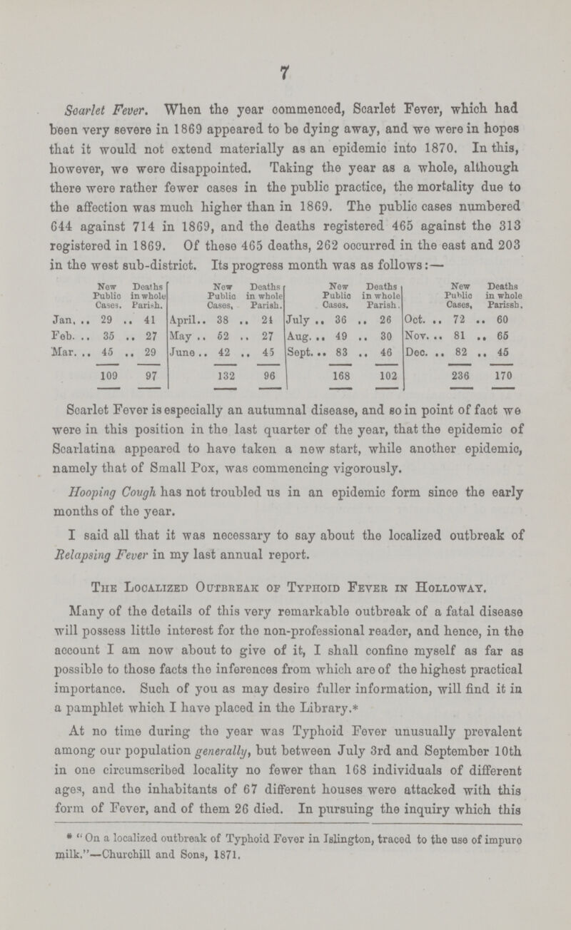 7 Scarlet Fever. When the year commenced, Scarlet Fever, which had been very severe in 1869 appeared to be dying away, and we were in hopes that it would not extend materially as an epidemic into 1870. In this, however, we were disappointed. Taking the year as a whole, although there were rather fewer cases in the public practice, the mortality due to the affection was much higher than in 1869. The public cases numbered 644 against 714 in 1869, and the deaths registered 465 against the 313 registered in 1869. Of these 465 deaths, 262 oocurred in the east and 203 in the west sub-district. Its progress month was as follows:— New Public Cases. Deaths in whole Parish. New Publio Cases, Deaths in whole Pariah. New Publio Cases. Deaths in whole Parish. New Public Cases, Deaths in whole Parissh Jan. 29 41 April 38 21 July 36 26 Oct. 72 60 Feb. 35 27 May 62 27 Aug. 49 30 Nov. 81 65 Mar. 45 29 June 42 45 Sept. 83 46 Dec. 82 45 109 97 132 96 168 102 236 170 Scarlet Fever is especially an autumnal disease, and so in point of fact we were in this position in the last quarter of the year, that the epidemic of Scarlatina appeared to have taken a new start, while another epidemic, namely that of Small Pox, was commencing vigorously. Hooping Cough has not troubled us in an epidemic form since the early months of the year. I said all that it was necessary to say about the localized outbreak of Relapsing Fever in my last annual report. The Localized Outbreak of Typhoid Fever in Holloway. Many of the details of this very remarkable outbreak of a fatal disease will possess little interest for the non-professional reader, and hence, in the account I am now about to give of it, I shall confine myself as far as possible to those facts the inferences from which are of the highest practical importance. Such of you as may desire fuller information, will find it in a pamphlet which I have placed in the Library.* At no time during the year was Typhoid Fever unusually prevalent among our population generally, but between July 3rd and September 10th in one circumscribed locality no fewer than 168 individuals of different ages, and the inhabitants of 67 different houses were attacked with this form of Fever, and of them 26 died. In pursuing the inquiry which this * On a localized outbreak of Typhoid Fever in Islington, traced to the use of impuro Milk.—Churchill and Sons, 1871.