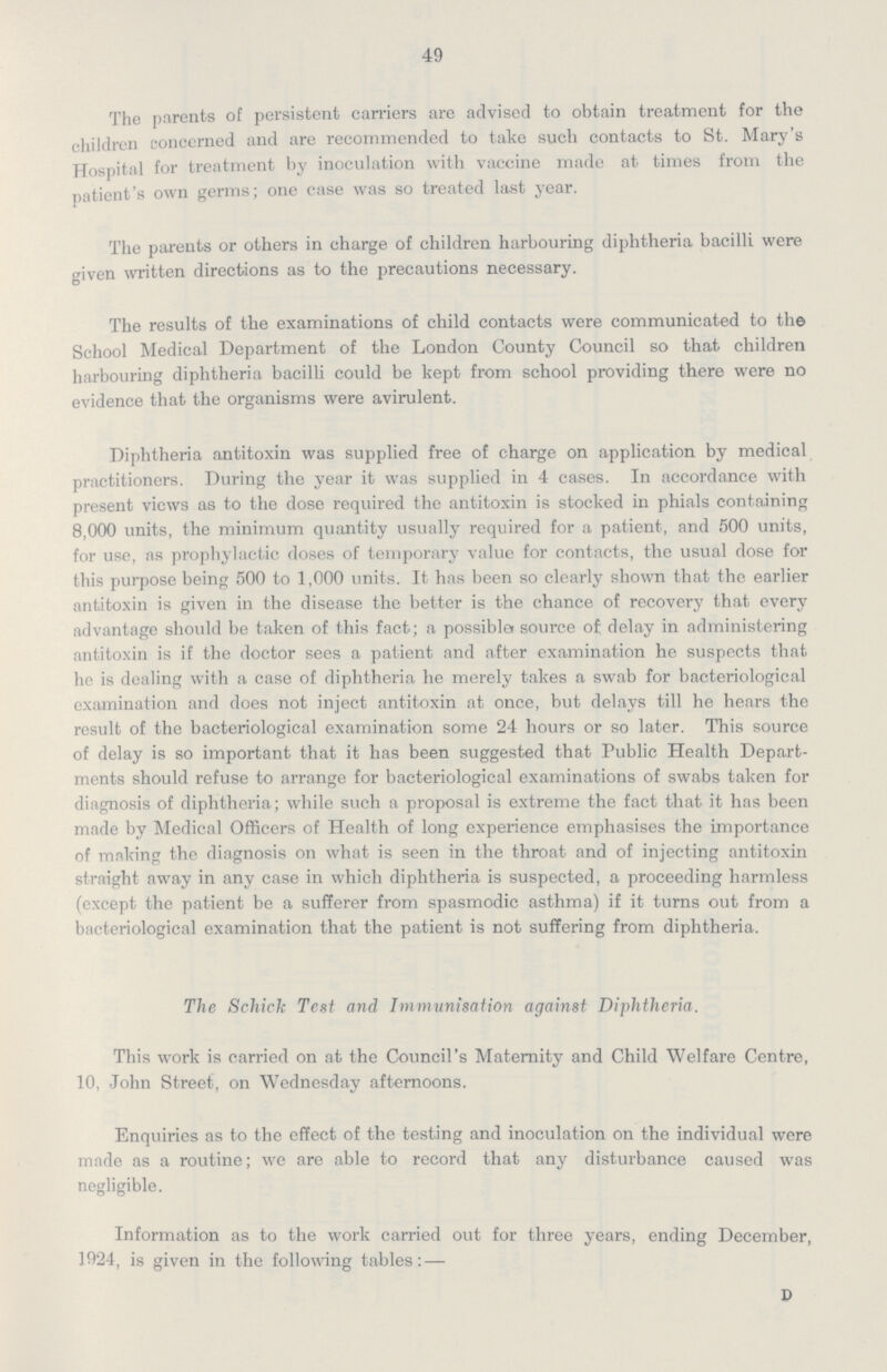 49 The parents of persistent carriers are advised to obtain treatment for the children concerned and are recommended to take such contacts to St. Mary's Hospital for treatment by inoculation with vaccine made at times from the patient's own germs; one case was so treated last year. The parents or others in charge of children harbouring diphtheria bacilli were given written directions as to the precautions necessary. The results of the examinations of child contacts were communicated to the School Medical Department of the London County Council so that children harbouring diphtheria bacilli could be kept from school providing there were no evidence that the organisms were avirulent. Diphtheria antitoxin was supplied free of charge on application by medical practitioners. During the year it was supplied in 4 cases. In accordance with present views as to the dose required the antitoxin is stocked in phials containing 8,000 units, the minimum quantity usually required for a patient, and 500 units, for use, as prophylactic doses of temporary value for contacts, the usual dose for this purpose being 500 to 1,000 units. It has been so clearly shown that the earlier antitoxin is given in the disease the better is the chance of recovery that every advantage should be taken of this fact; a possible source of delay in administering antitoxin is if the doctor sees a patient and after examination he suspects that he is dealing with a case of diphtheria he merely takes a swab for bacteriological examination and does not inject antitoxin at once, but delays till he hears the result of the bacteriological examination some 24 hours or so later. This source of delay is so important that it has been suggested that Public Health Depart ments should refuse to arrange for bacteriological examinations of swabs taken for diagnosis of diphtheria; while such a proposal is extreme the fact that it has been made by Medical Officers of Health of long experience emphasises the importance of making the diagnosis on what is seen in the throat and of injecting antitoxin straight away in any case in which diphtheria is suspected, a proceeding harmless (except the patient be a sufferer from spasmodic asthma) if it turns out from a bacteriological examination that the patient is not suffering from diphtheria. The Schick Test and Immunisation against Diphtheria. This work is carried on at the Council's Maternity and Child Welfare Centre, 10, John Street, on Wednesday afternoons. Enquiries as to the effect of the testing and inoculation on the individual were made as a routine; we are able to record that any disturbance caused was negligible. Information as to the work carried out for three years, ending December, 1924, is given in the following tables — D