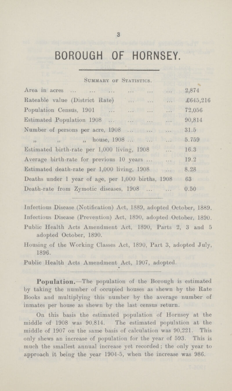 3 BOROUGH OF HORNSEY. Summary of Statistics. Area in acres 2,874 Rateable value (District Rate) £645,216 Population Census, 1901 72,056 Estimated Population 1908 90,814 Number of persons per acre, 1908 31.5 „ ,, „ house, 1908 5.759 Estimated birth-rate per 1,000 living, 1908 16.3 Average birth-rate for previous 10 years 19.2 Estimated death-rate per 1,000 living, 1908 8.28 Deaths under 1 year of age, per 1,000 births, 1908 63 Death-rate from Zymotic diseases, 1908 0.50 Infectious Disease (Notification) Act, 1889, adopted October, 1889. Infectious Disease (Prevention) Act, 1890, adopted October, 1890. Public Health Acts Amendment Act, 1890, Parts 2, 3 and 5 adopted October, 1890. Housing of the Working Classes Act, 1890, Part 3, adopted July, 1896. Public Health Acts Amendment Act, 1907, adopted. Population.—The population of the Borough is estimated by taking the number of occupied houses as shewn by the Rate Books and multiplying this number by the average number of inmates per house as shewn by the last census return. On this basis the estimated population of Hornsey at the middle of 1908 was 90,814. The estimated population at the middle of 1907 on the same basis of calculation was 90,221. This only shews an increase of population for the year of 593. This is much the smallest annual increase yet recorded; the only year to approach it being the year 1904-5, when the increase was 986.