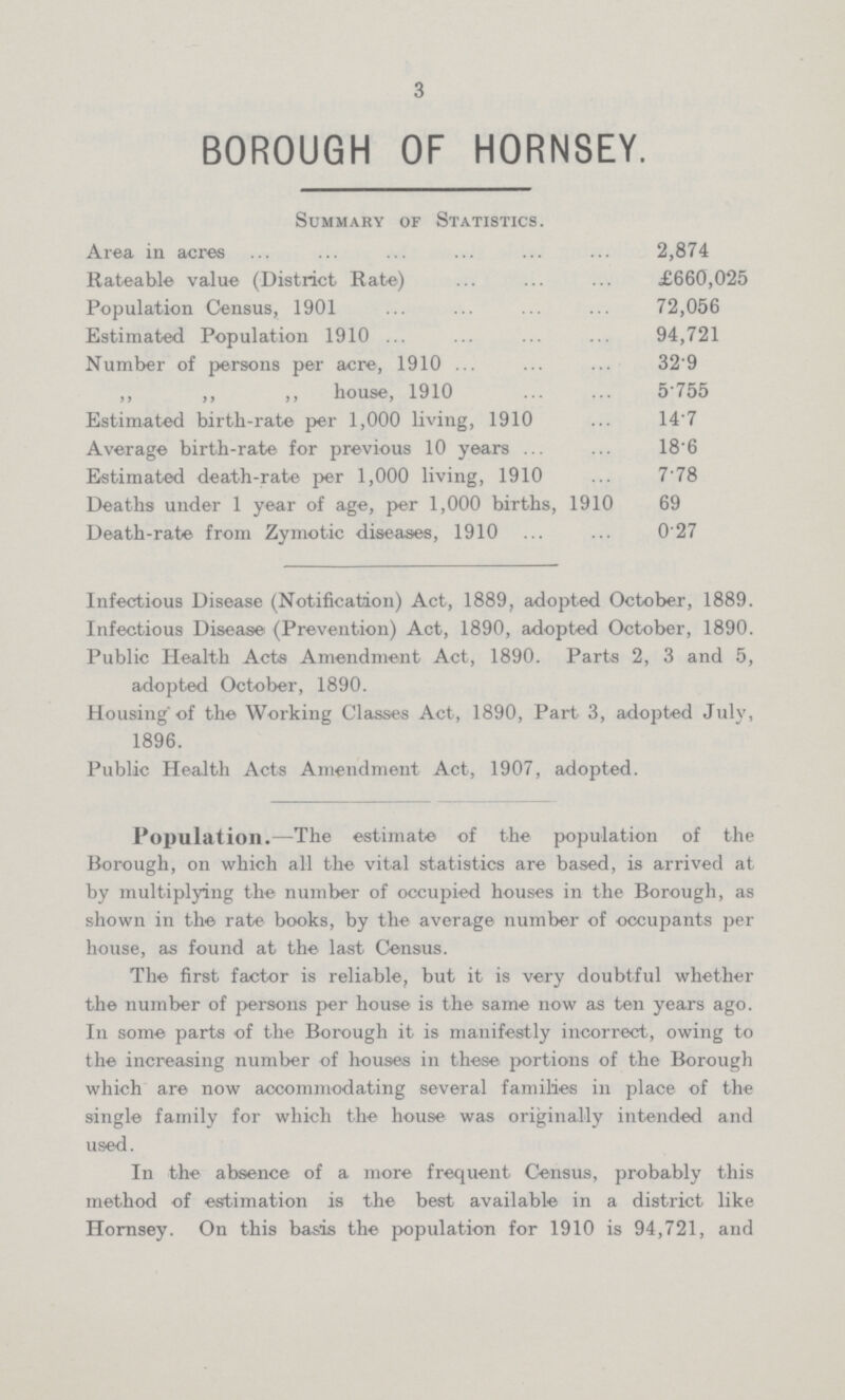 3 BOROUGH OF HORNSEY. Summary of Statistics. Area in acres 2,874 Rateable value (District Rate) £660,025 Population Census, 1901 72,056 Estimated Population 1910 94,721 Number of persons per acre, 1910 329 ,, ,, ,, house, 1910 5 755 Estimated birth-rate per 1,000 living, 1910 14.7 Average birth-rate for previous 10 years 18.6 Estimated death-rate per 1,000 living, 1910 7.78 Deaths under 1 year of age, per 1,000 births, 1910 69 Death-rate from Zymotic diseases, 1910 0.27 Infectious Disease (Notification) Act, 1889, adopted October, 1889. Infectious Disease (Prevention) Act, 1890, adopted October, 1890. Public Health Acts Amendment Act, 1890. Parts 2, 3 and 5, adopted October, 1890. Housing of the Working Classes Act, 1890, Part 3, adopted July, 1896. Public Health Acts Amendment Act, 1907, adopted. Population.—The estimate of the population of the Borough, on which all the vital statistics are based, is arrived at by multiplying the number of occupied houses in the Borough, as shown in the rate books, by the average number of occupants per house, as found at the last Census. The first factor is reliable, but it is very doubtful whether the number of persons per house is the same now as ten years ago. In some parts of the Borough it is manifestly incorrect, owing to the increasing number of houses in these portions of the Borough which are now accommodating several families in place of the single family for which the house was originally intended and used. In the absence of a more frequent Census, probably this method of estimation is the best available in a district like Hornsey. On this basis the population for 1910 is 94,721, and