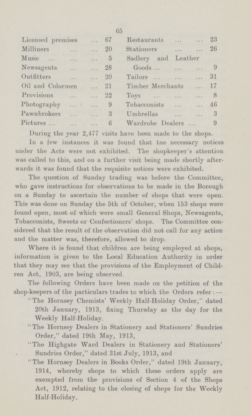 65 Licensed premises 67 Restaurants 23 Milliners 20 Stationers 26 Music 5 Sadlery and Leather Goods 9 Newsagents 28 Outfitters 20 Tailors 31 Oil and Colormen 21 Timber Merchants 17 Provisions 22 Toys 8 Photography 9 Tobacconists 46 Pawnbrokers 3 Umbrellas 3 Pictures 6 Wardrobe Dealers 9 During the year 2,477 visits have been made to the shops. In a few instances it was found that the necessary notices under the Acts were not exhibited. The shopkeeper's attention was called to this, and on a further visit being made shortly after wards it was found that the requisite notices were exhibited. The question of Sunday trading was before the Committee, who gave instructions for observations to be made in the Borough on a Sunday to ascertain the number of shops that were open. This was done on Sunday the 5th of October, when 153 shops were found open, most of which were small General Shops, Newsagents, Tobacconists, Sweets or Confectioners' shops. The Committee con sidered that the result of the observation did not call for any action and the matter was, therefore, allowed to drop. Where it is found that children are being employed at shops, information is given to the Local Education Authority in order that they may see that the provisions of the Employment of Child ren Act, 1903, are being observed. The following Orders have been made on the petition of the shop-keepers of the particulars trades to which the Orders refer:— The Hornsey Chemists' Weekly Half-Holiday Order, dated 20th January, 1913, fixing Thursday as the day for the Weekly Half-Holiday. The Hornsey Dealers in Stationery and Stationers' Sundries Order, dated 19th May, 1913, The Highgate Ward Dealers in Stationery and Stationers' Sundries Order, dated 31st July, 1913, and The Hornsey Dealers in Books Order, dated 19th January, 1914, whereby shops to which these orders apply are exempted from the provisions of Section 4 of the Shops Act, 1912, relating to the closing of shops for the Weekly Half-Holiday.