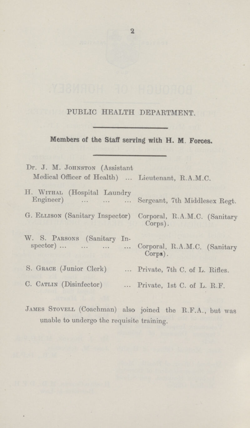 2 PUBLIC HEALTH DEPARTMENT. Members of the Staff serving with H. M. Forces. Dr. J. M. Johnston (Assistant Medical Officer of Health) Lieutenant, R.A.M.C. H. Withal (Hospital Laundry Engineer) Sergeant, 7th Middlesex Regt. G. Ellison (Sanitary Inspector) Corporal, R.A.M.C. (Sanitary Corps). W. S. Parsons (Sanitary In spector) Corporal, R.A.M.C. (Sanitary Corps). S. Grace (Junior Clerk) Private, 7th C. of L. Rifles. C. Catlin (Disinfector) Private, 1st C. of L. R.F. James Stovell (Coachman) also joined the R.F.A., but was unable to undergo the requisite training.