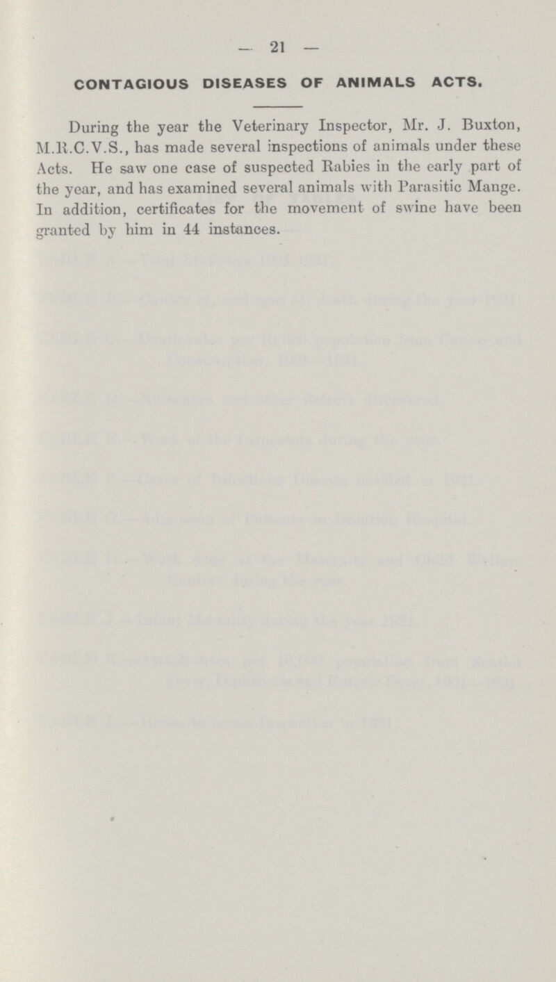 21 CONTAGIOUS DISEASES OF ANIMALS ACTS. During the year the Veterinary Inspector, Mr. J. Buxton, M.ll.C.V.S., has made several inspections of animals under these Acts. He saw one case of suspected Rabies in the early part of the year, and has examined several animals with Parasitic Mange. In addition, certificates for the movement of swine have been granted by him in 44 instances.