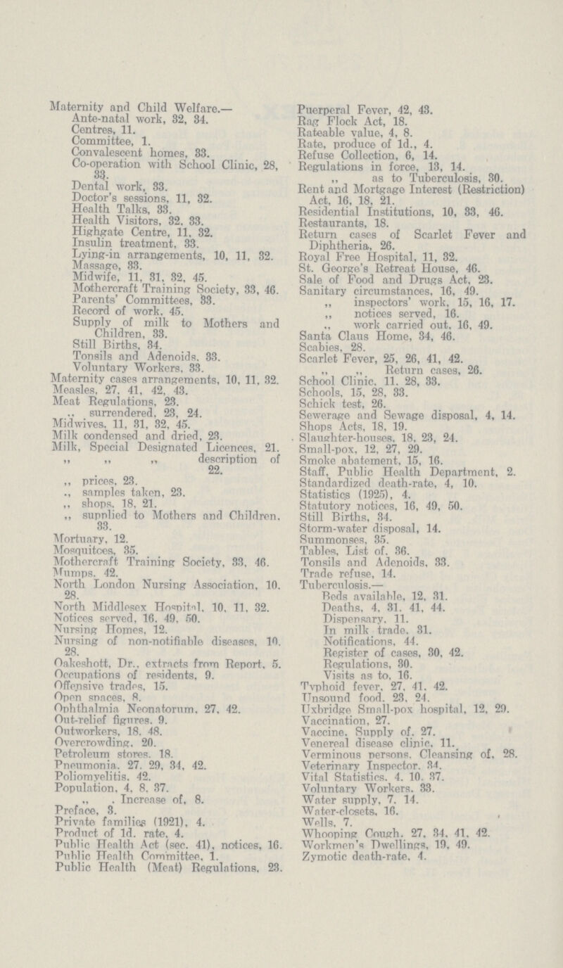 Maternity and Child Welfare.— Ante-natal work, 32, 34. Centres, 11. Committee, 1. Convalescent homos, 33. Co-oporation with School Clinic, 28, Dental work, 33. Doctor's sessions, 11, 32. Health Talks, 83. Health Visitors, 32, 33. Highgate Centre, 11, 32. Insulin treatment, 33. Lying-in arrangements, 10, 11, 32. Massage, 33. Midwife, 11, 31, 32, 45. Mothercraft Training Society, 33, 46. Parents' Committees, 33. Record of work. 45. Supply of milk to Mothers and Children, 33. Still Births, 34. Tonsils and Adenoids. 33. Voluntary Workers. 33. Maternity cases arrangements, 10, 11, 32. Measles, 27, 41, 42, 43. Meat Regulations, 23. surrendered, 23, 24. Midwives. 11, 81, 32, 45. Milk condensed and dried, 23. Milk, Special Designated Licences, 21. ,, ,, „ description of 22. „ prices, 23. ., samples taken, 23. ,, shops. 18, 21. ,, supplied to Mothers and Children. 33. Mortuary, 12. Mosquitoes. 35. Mothercraft Training Society, 83, 46. Mumps. 42. North London Nursing Association, 10. 28 North Middlesex Hospital. 10, 11, 32. Notices served, 16, 49, 50. Nursing Homes, 12. Nursing of non-notifiable diseases, 10. 28. Oakeshott, Dr.. extracts from Report, 5. Occupations of residents, 9. Offensive trades, 15. Open spaces, 8. Ophthalmia Neonatorum. 27, 42. Out-relief figures. 9. Outworkers, 18, 48. Overcrowding, 20. Petroleum stores. 18. Pneumonia. 27, 29, 34, 42. Poliomyelitis. 42. Population, 4, 8, 87. „ . Increase of, 8. Preface, 3. Private families (1921), 4. Product of 1d. rate. 4. Public Health Act (sec. 41), notices, 16. Public Health Committee, 1. Public Health (Meat) Regulations, 23. Puerperal Fever, 42, 48. Rag Flock Act, 18. Rateable value, 4, 8. Rate, produce of Id., 4. Refuse Collection, 6, 14. Regulations in force, 13, 14. „ as to Tuberculosis, 30. Rent and Mortgago Interest (Restriction) Act, 16, 18, 21. Residential Institutions, 10, 33, 46. Restaurants, 18. Return cases of Scarlet Fever and Diphtheria, 26. Royal Free Hospital, 11, 32. St. George's Retreat House, 46. Sale of Food and Drugs Act, 23. Sanitary circumstances, 16, 49. „ inspectors' work, 15, 16, 17. ,, notioes served, 16. work carried out. 16, 49. Santa Claus Home, 34, 46. Scabies, 28. Scarlet Fever, 25 , 26, 41, 42. „ „ Return cases, 26. School Clinic. 11, 28, 33. Schools, 15, 28, 33. Schick test, 26. Sewerage and Sewage disposal, 4, 14. Shops Acts, 18, 19. Slaughter-houses. 18, 23, 24. Small-pox, 12, 27, 29. Smoke abatement, 15, 16. Staff, Public Health Department, 2. Standardized death-rate, 4, 10. Statistics (1925), 4. Statutory notices, 16, 49, 50. Still Births, 34. Storm-water disposal, 14. Summonses, 35. Tables, List of. 36. Tonsils and Adenoids, 33. Trade refuse, 14. Tuberculosis.— Beds available, 12, 31. Deaths, 4, 81, 41, 44. Dispensary. 11. In milk trade. 81. Notifications, 44. Register of cases, 30, 42. Regulations, 30. Visits as to, 16. Tvphoid fever, 27, 41. 42. Unsound food. 23. 24. Uxbridge Small-pox hospital, 12, 29. Vaccjnation, 27. Vaccine. Supply of. 27. Venereal disease clinic. 11. Verminous persons. Cleansing of, 28. Veterinary Inspector. 34. Vital Statistics. 4. 10. 37. Voluntary Workers. 33. Water supply, 7. 14. Water-closets, 16. , Wells. 7. Whooping Cough. 27, 84, 41, 42. Workmen's Dwellings, 19, 49. Zymotic death-rate. 4.