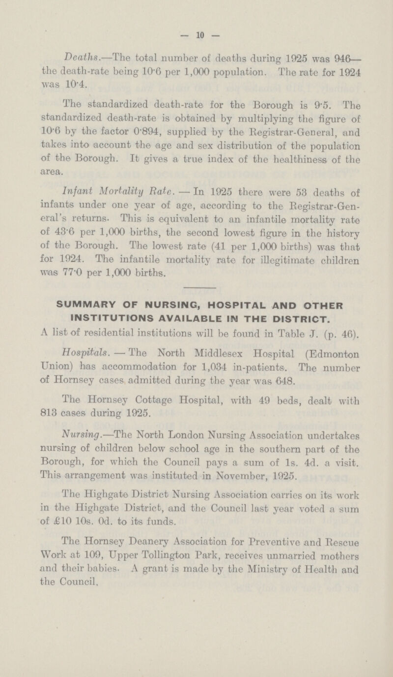 — 10 — Deaths.—The total number of deaths during 1925 was 946— the death-rate being 10'6 per 1,000 population. The rate for 1924 was 10.4. The standardized death-rate for the Borough is 9.5. The standardized death-rate is obtained by multiplying the figure of 10.6 by the factor 0.894, supplied by the Registrar-General, and takes into account the age and sex distribution of the population of the Borough. It gives a true index of the healthiness of the area. Infant Mortality Rate. — In 1925 there were 53 deaths of infants under one year of age, according to the Registrar-Gen eral's returns- This is equivalent to an infantile mortality rate of 43.6 per 1,000 births, the second lowest figure in the history of the Borough. The lowest rate (41 per 1,000 births) was that for 1924. The infantile mortality rate for illegitimate children was 77.0 per 1,000 births. SUMMARY OF NURSING, HOSPITAL AND OTHER INSTITUTIONS AVAILABLE IN THE DISTRICT. A list of residential institutions will be found in Table J. (p. 46). Hospitals. — The North Middlesex Hospital (Edmonton Union) has accommodation for 1,034 in-patients. The number of Hornsey cases admitted during the year was 648. The Hornsey Cottage Hospital, with 49 beds, dealt with 813 cases during 1925. Nursing.—The North London Nursing Association undertakes nursing of children below school age in the southern part of the Borough, for which the Council pays a sum of 1s. 4d. a visit. This arrangement was instituted in November, 1925. The Highgate District Nursing Association carries on its work in the Highgate District, and the Council last year voted a sum of £10 10s. Od. to its funds. The Hornsey Deanery Association for Preventive and Rescue Work at 109, Upper Tollington Park, receives unmarried mothers and their babies. A grant is made by the Ministry of Health and the Council.