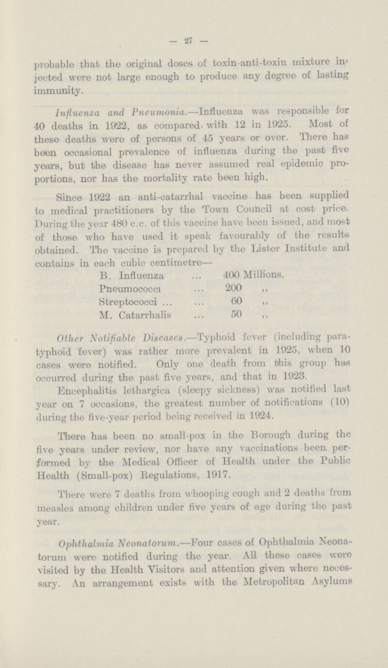 — 27 — probable that the original doses of toxin-anti-toxin mixture in jected were not large enough to produce any degree of lasting immunity. Influenza and Pneumonia.—Influenza was responsible for 40 deaths in 1922, as compared- with 12 in 1925. Most of these deaths were of persons of 45 years or over. There has been occasional prevalence of influenza during the past five years, but the disease has never assumed real epidemic pro portions, nor has the mortality rate beien high. Since 1922 an anti-catarrhal vaccine has been supplied to medical practitioners by the Town Council at cost price. During the year 480 c.c. of this vaccine have been issued, and most of those who have used it speak favourably of the results obtained. The vaccine is prepared by the Lister Institute and contains in each cubic centimetre— B. Influenza 400 Millions. Pneumococci 200 ,, Streptococci 60 ,, M. Catarrhalis 50 ,, Other Notifiable Diseases.—Typhoid fever (including para typhoid fever) was rather more prevalent in 1925, when 10 cases were notified. Only one death from tohis group has occurred during the past five years, and that in 1923. Encephalitis lethargica (sleepy sickness) was notified last year on 7 occasions, the greatest number of notifications (10) during the five-year period being received in 1924. There has been no small-pox in the Borough during the five years under review, nor have any vaccinations been per formed by the Medical Officer of Health under the Public Health (Small-pox) Regulations, 1917. There were 7 deaths from whooping cough and 2 deaths from measles among children under five years of age during the past year. Ophthalmia Neonatorum.—Four cases of Ophthalmia Neona torum were notified during the year. All these cases were visited by the Health Visitors and attention given where neces sary. An arrangement exists with the Metropolitan Asylums