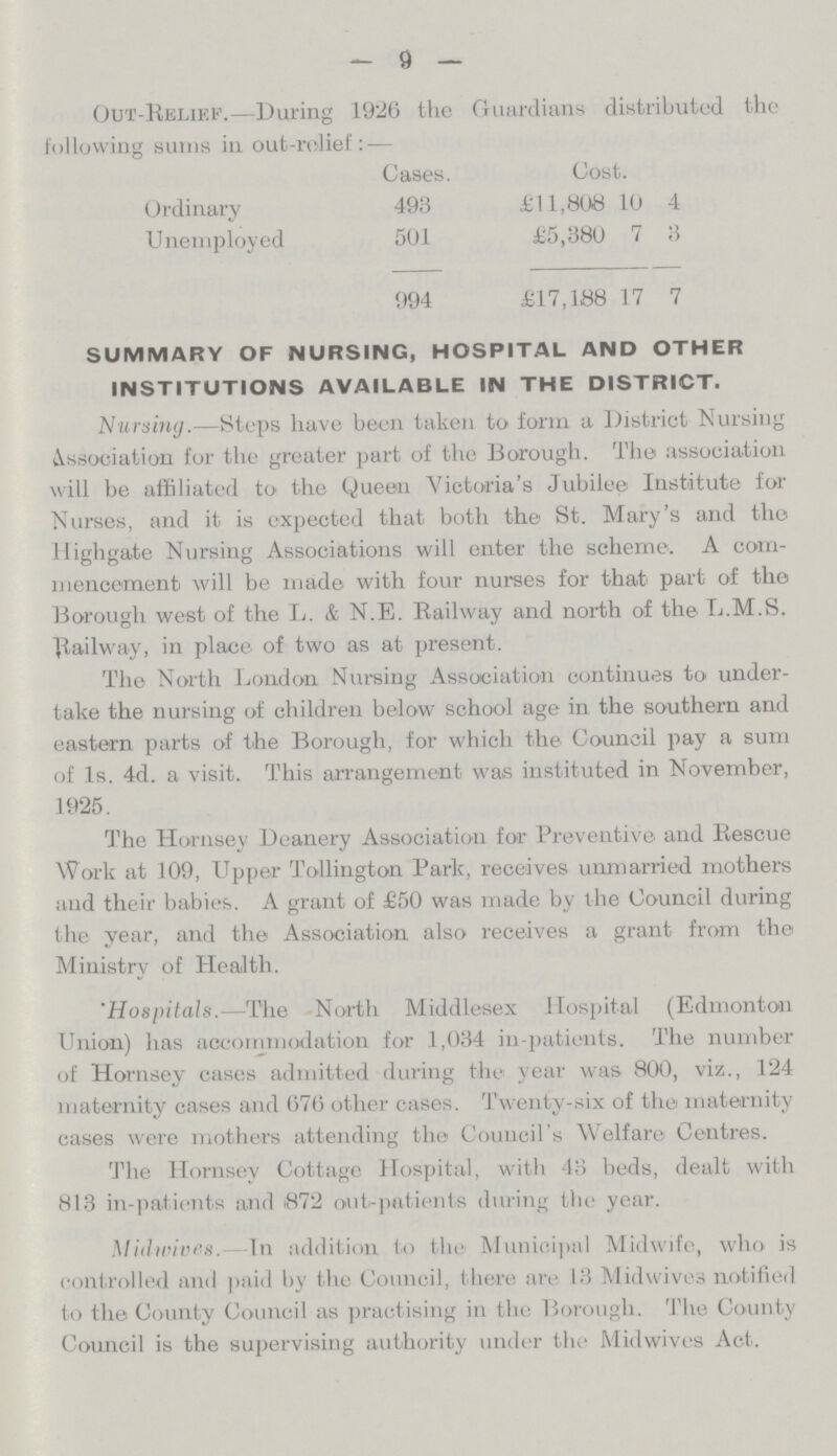— 9 — (Jut-Relief.—During 1926 the Guardians distributed the following sums in out-relief : — Cases. Cost. Ordinary 493 £11, SOB 10 4 Unemployed 501 £5,380 7 3 994 £17,188 17 7 summary of nursing, hospital and other institutions available in the district. Nursing.—Steps have been taken to form a District Nursing Association for the greater part of the Borough. The association will be affiliated to the Queen Victoria's Jubilee Institute for Nurses, and it is expected that both the St. Mary's and the Highgate Nursing Associations will enter the scheme. A com mencement will be made with four nurses for that part of the Borough west of the L. & N.E. Railway and north of the L.M.S. Railway, in place of two as at present. The North Loudon Nursing Association continues to under take the nursing of children below school age in the southern and eastern parts of the Borough, for which the Council pay a sum of Is. 4d. a visit. This arrangement was instituted in November, 1925. The Hornsey Deanery Association for Preventive and Rescue Work at 109, Upper Tollington Park, receives unmarried mothers and their babies. A grant of £50 was made by the Council during the year, and the Association also receives a grant from the Ministry of Health. 'Hospitals.—The North Middlesex Hospital (Edmonton Union) has accommodation for 1,034 in-patients. The number of Hornsey cases admitted during the year was 800, viz., 124 maternity cases and 070 other cases. Twenty-six of the maternity cases were mothers attending the Council's Welfare Centres. The Hornsey Cottage Hospital, with 43 beds, dealt with 813 in-patients and 872 out-patients during the year. Midwives. In addition to the Municipal Midwife, who is controlled and paid by the Council, there are 13 Midwives notified to the County Council as practising in the Borough. The County Council is the supervising authority under the Midwives Act.