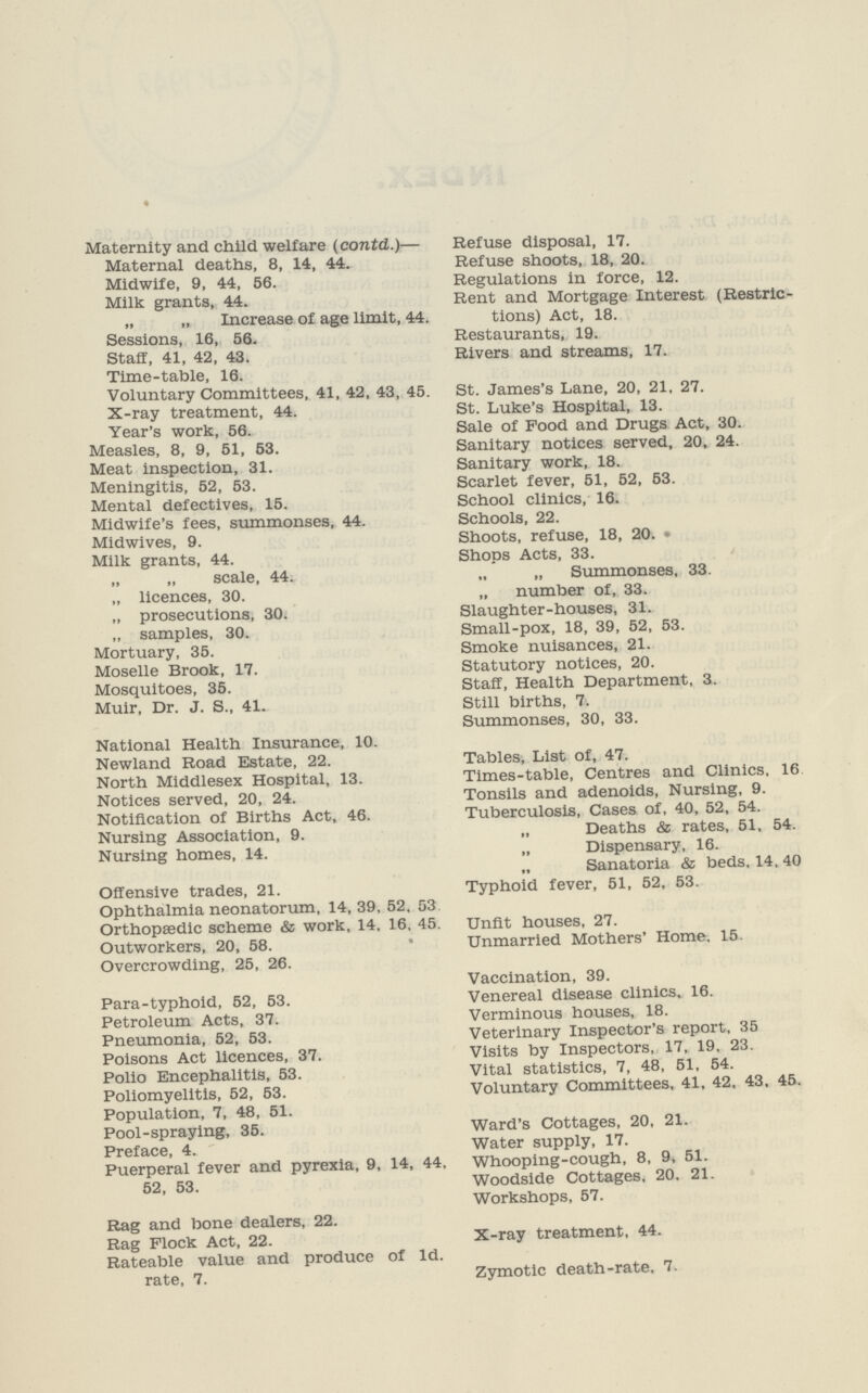 Maternity and child welfare (contd.)— Maternal deaths, 8, 14, 44. Midwife, 9, 44, 56. Milk grants, 44. „ „ Increase of age limit, 44. Sessions, 16, 56. Staff, 41, 42, 43. Time-table, 10. Voluntary Committees, 41, 42, 43, 45. X-ray treatment, 44. Year's work, 56. Measles, 8, 9, 51, 53. Meat Inspection, 31. Meningitis, 52, 53. Mental defectives, 15. Midwife's fees, summonses, 44. Midwives, 9. Milk grants, 44. „ „ scale, 44. „ licences, 30. „ prosecutions, 30. „ samples, 30. Mortuary, 35. Moselle Brook, 17. Mosquitoes, 35. Muir, Dr. J. S., 41. National Health Insurance, 10. Newland Road Estate, 22. North Middlesex Hospital, 13. Notices served, 20, 24. Notification of Births Act, 46. Nursing Association, 9. Nursing homes, 14. Offensive trades, 21. Ophthalmia neonatorum, 14, 39, 52. 53 Orthopaedic scheme & work, 14, 16, 45. Outworkers, 20, 58. Overcrowding, 25, 26. Para-typhoid, 52, 53. Petroleum Acts, 37. Pneumonia, 52, 53. Poisons Act licences, 37. Polio Encephalitis, 53. Poliomyelitis, 52, 53. Population, 7, 48, 51. Pool-spraying, 35. Preface, 4. Puerperal fever and pyrexia, 9, 14, 44, 52, 53. Rag and bone dealers, 22. Rag Flock Act, 22. Rateable value and produce of Id. rate, 7. Refuse disposal, 17. Refuse shoots, 18, 20. Regulations In force, 12. Rent and Mortgage Interest (Restric tions) Act, 18. Restaurants, 19. Rivers and streams, 17. St. James's Lane, 20, 21. 27. St. Luke's Hospital, 13. Sale of Food and Drugs Act, 30. Sanitary notices served, 20, 24. Sanitary work, 18. Scarlet fever, 51, 52, 53. School clinics, 16. Schools, 22. Shoots, refuse, 18, 20. Shops Acts, 33. „ „ Summonses, 33. „ number of, 33. Slaughter-houses, 31. Small-pox, 18, 39, 52, 53. Smoke nuisances, 21. Statutory notices, 20. Staff, Health Department, 3. Still births, 7. Summonses, 30, 33. Tables, List of, 47. Times-table, Centres and Clinics. 16 Tonsils and adenoids, Nursing, 9. Tuberculosis, Cases of, 40, 52, 54. Deaths & rates, 51, 54. „ Dispensary, 16. Sanatoria & beds, 14, 40 Typhoid fever, 51, 52, 53. Unfit houses, 27. Unmarried Mothers' Home. 15. Vaccination, 39. Venereal disease clinics. 16. Verminous houses, 18. Veterinary Inspector's report, 35 Visits by Inspectors, 17, 19, 23. Vital statistics, 7, 48, 51, 54. Voluntary Committees, 41, 42, 43. 45. Ward's Cottages, 20, 21. Water supply, 17. Whooping-cough, 8, 9, 51. Woodside Cottages. 20. 21. Workshops, 57. X-ray treatment, 44. Zymotic death-rate. 7.