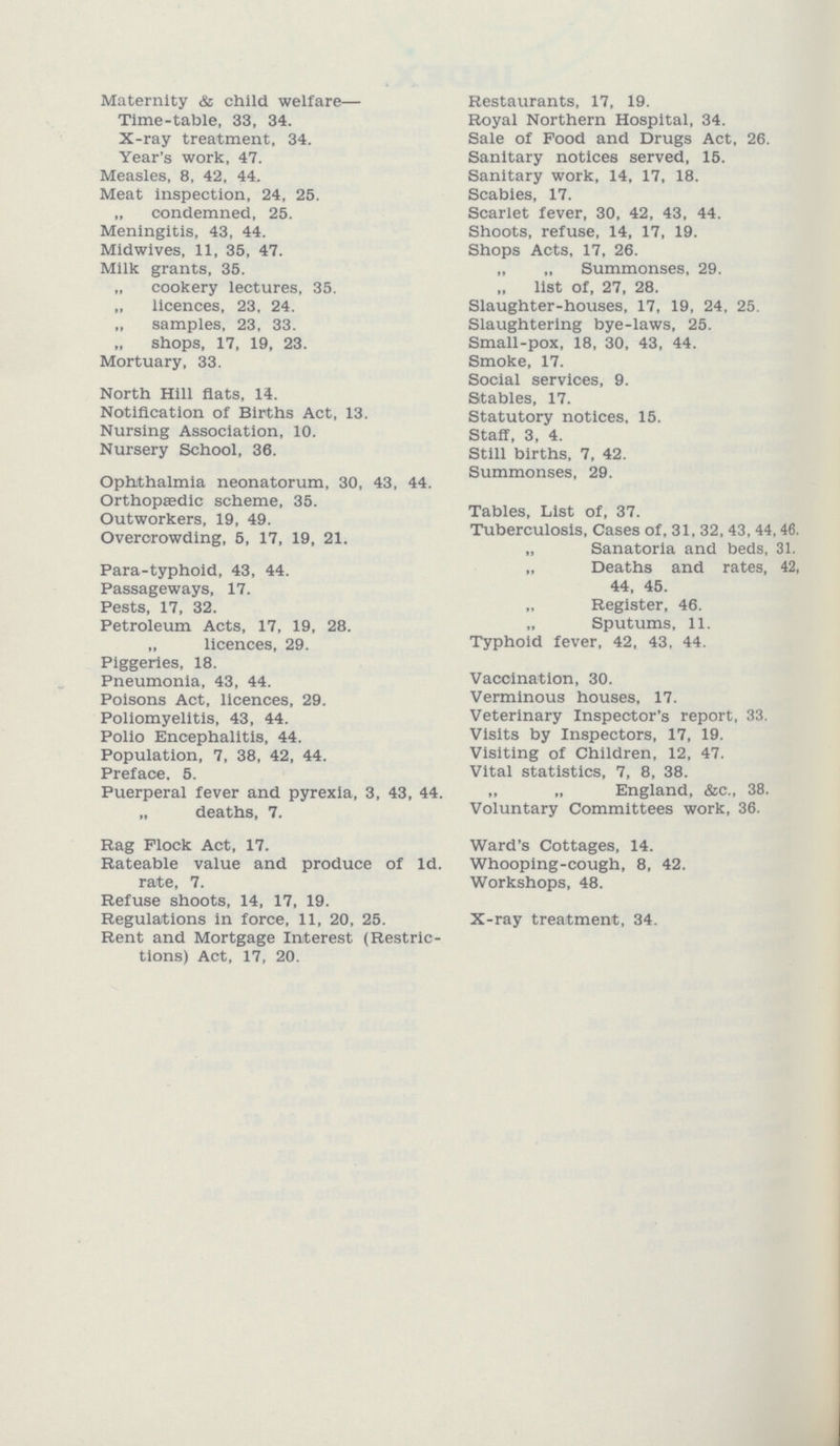 Maternity & child welfare— Time-table, 33, 34. X-ray treatment, 34. Year's work, 47. Measles, 8, 42, 44. Meat inspection, 24, 25. „ condemned, 25. Meningitis, 43, 44. Midwives, 11, 35, 47. Milk grants, 35. „ cookery lectures, 35. „ licences, 23, 24. „ samples, 23, 33. „ shops, 17, 19, 23. Mortuary, 33. North Hill Hats, 14. Notification of Births Act, 13. Nursing Association, 10. Nursery School, 36. Ophthalmia neonatorum, 30, 43, 44. Orthopsedic scheme, 35. Outworkers, 19, 49. Overcrowding, 5, 17, 19, 21. Para-typhoid, 43, 44. Passageways, 17. Pests, 17, 32. Petroleum Acts, 17, 19, 28. „ licences, 29. Piggeries, 18. Pneumonia, 43, 44. Poisons Act, licences, 29. Poliomyelitis, 43, 44. Polio Encephalitis, 44. Population, 7, 38, 42, 44. Preface. 5. Puerperal fever and pyrexia, 3, 43, 44. „ deaths, 7. Rag Flock Act, 17. Rateable value and produce of 1d. rate, 7. Refuse shoots, 14, 17, 19. Regulations in force, 11, 20, 25. Rent and Mortgage Interest (Restric tions) Act, 17, 20. Restaurants, 17, 19. Royal Northern Hospital, 34. Sale of Food and Drugs Act, 26. Sanitary notices served, 15. Sanitary work, 14, 17, 18. Scabies, 17. Scarlet fever, 30, 42, 43, 44. Shoots, refuse, 14, 17, 19. Shops Acts, 17, 26. „ Summonses, 29. ,, list of, 27, 28. Slaughter-houses, 17, 19, 24, 25. Slaughtering bye-laws, 25. Small-pox, 18, 30, 43, 44. Smoke, 17. Social services, 9. Stables, 17. Statutory notices, 15. Staff, 3, 4. Still births, 7, 42. Summonses, 29. Tables, List of, 37. Tuberculosis, Cases of, 31, 32, 43, 44, 46. „ Sanatoria and beds, 31. „ Deaths and rates, 42, 44, 45. „ Register, 46. „ Sputums, 11. Typhoid fever, 42, 43. 44. Vaccination, 30. Verminous houses, 17. Veterinary Inspector's report, 33. Visits by Inspectors, 17, 19. Visiting of Children, 12, 47. Vital statistics, 7, 8, 38. „ „ England, &c., 38. Voluntary Committees work, 36. Ward's Cottages, 14. Whooping-cough, 8, 42. Workshops, 48. X-ray treatment, 34.
