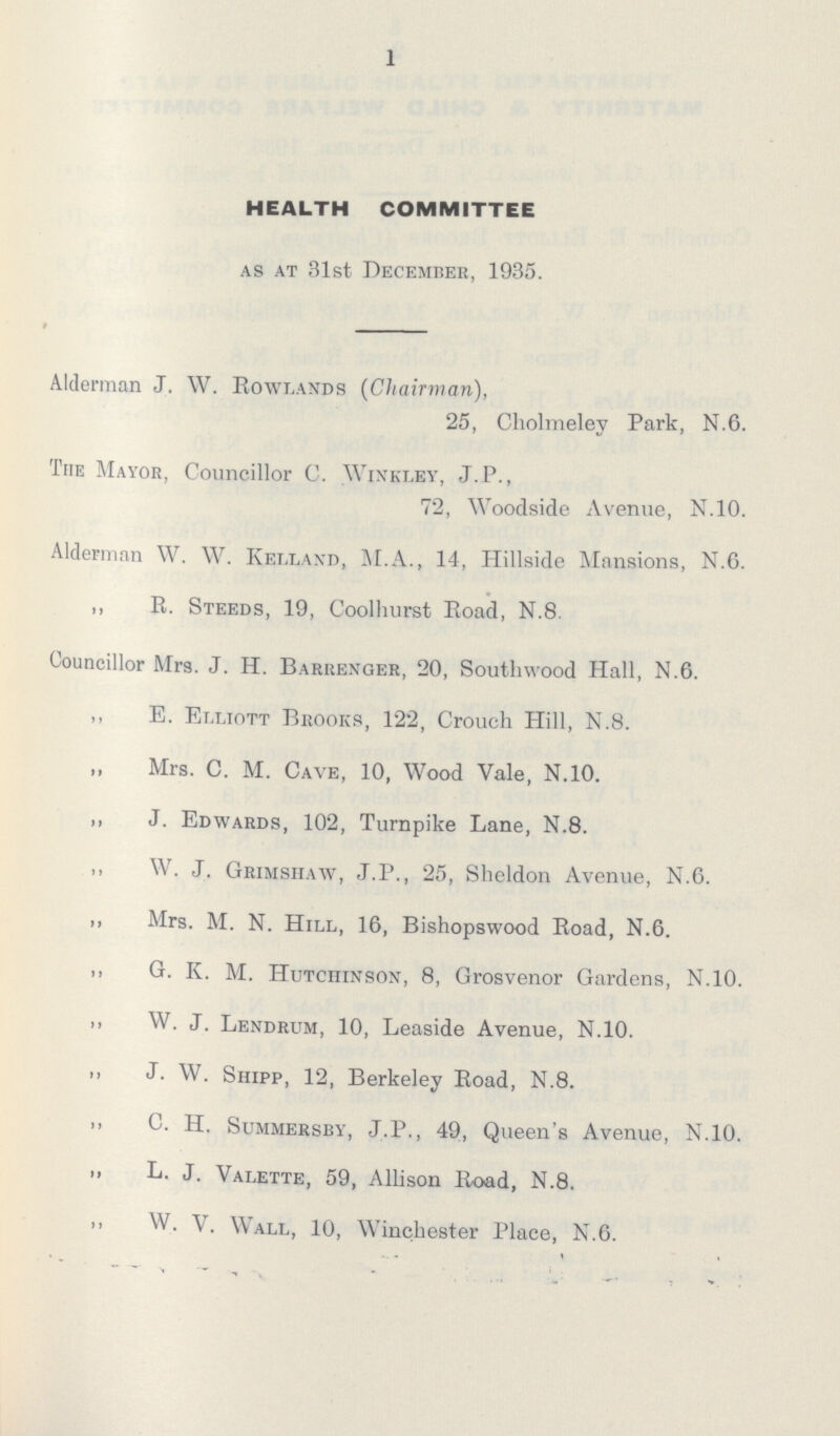 1 HEALTH COMMITTEE as at 31st December, 1935. Alderman J. W. Rowlands (Chairman), 25, Cholmeley Park, N.6. The Mayor, Councillor C. Winkley, J.P., 72, Woodside Avenue, N.10. Alderman W. W. Kelland, M.A., 14, Hillside Mansions, N.6. „ R. Steeds, 19, Coolhurst Road, N.8. Councillor Mrs. J. H. Barrenger, 20, Southwood Hall, N.6. „ E. Elliott Brooks, 122, Crouch Hill, N.8. „ Mrs. C. M. Cave, 10, Wood Vale, N.10. „ J. Edwards, 102, Turnpike Lane, N.8. „ W. J. Grimshaw, J.P., 25, Sheldon Avenue, N.6. „ Mrs. M. N. Hill, 16, Bishopswood Road, N.6. „ G. K. M. Hutchinson, 8, Grosvenor Gardens, N.10. „ W. J. Lendrum, 10, Leaside Avenue, N.10. „ J. W. Shipp, 12, Berkeley Road, N.8. „ C. H. Summersby, J.P., 49, Queen's Avenue, N.10. „ L. J. Valette, 59, Allison Road, N.8. „ W. V. Wall, 10, Winchester Place, N.6.
